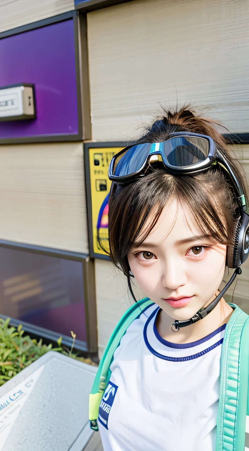a close up of a woman wearing a headset and a backpack, e-girl, cyber school girl, cyber goggles, hyperrealistic schoolgirl