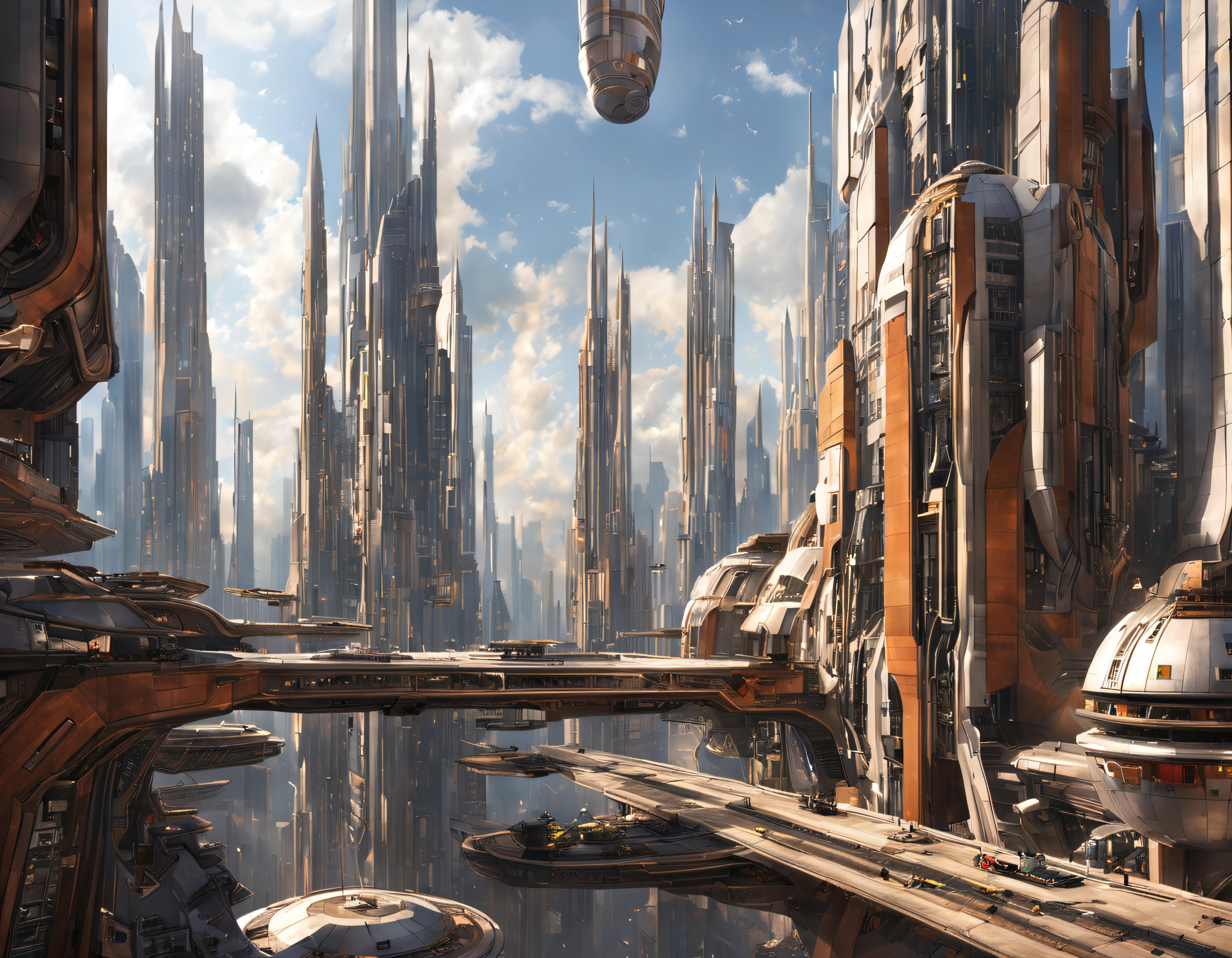 (The city of Coruscant from Star Wars as designed by Doug Chiang), futuristic fantasy city with immense buildings of technological design (que forman una avenida infinita), edificios compactor no difuminados con aspecto metalico, luces en ventanas en edificios, iluminacion diurna con sol, con estructuras acristaladas espectaculares, (con colores vivos). pavimento ensolado (sin brillo). gente paseando. imagen bien definida con muchos edificios juntos. imagen nitida bien definida 8k. los edificios llegan alta el fondo.,8k. imagen cinematografica