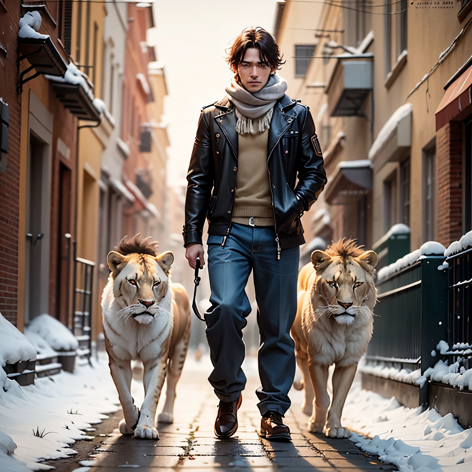The man is walking on the road with a lion next to him while it is snowing, he looks at the camera, he holds the lion's neck. the lion and the man are walking together --auto --s2