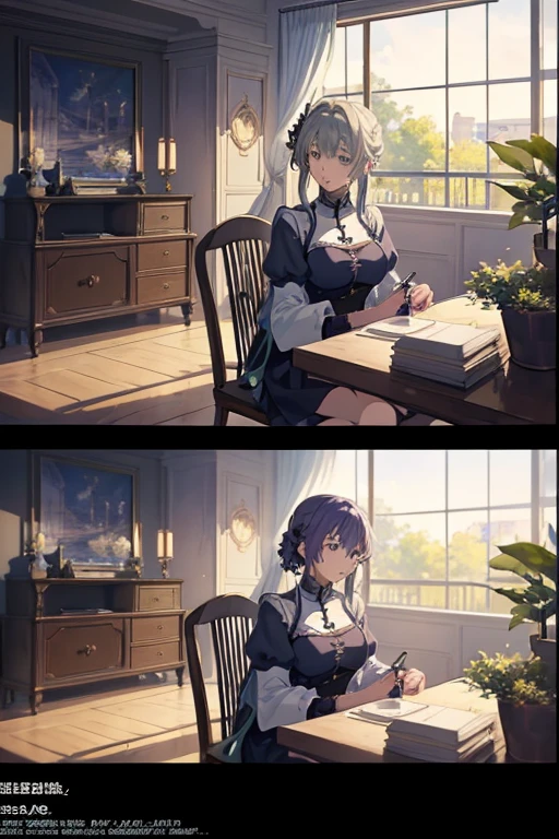 Anime scene of a woman sitting on a green chair in the room, Today’s recommended anime is still, Violet Evergarden, screenshot from the anime film, Still from anime, TV animation stills, in the anime film, Popular isekai anime, anime movie screenshot, Medium shot of two characters, Anime Stills Anime Style, Official animation stills