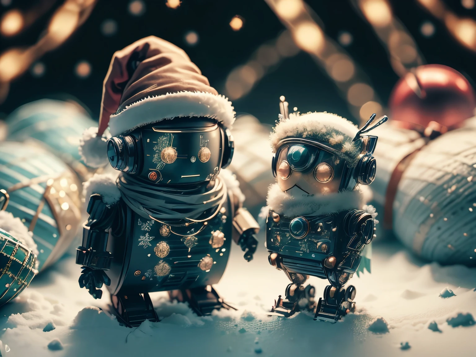a christmas image with a little and cute robot, with a bird in his shoulder, a santa hat, with christmas lights and christmas tree, with some little presents and some snow