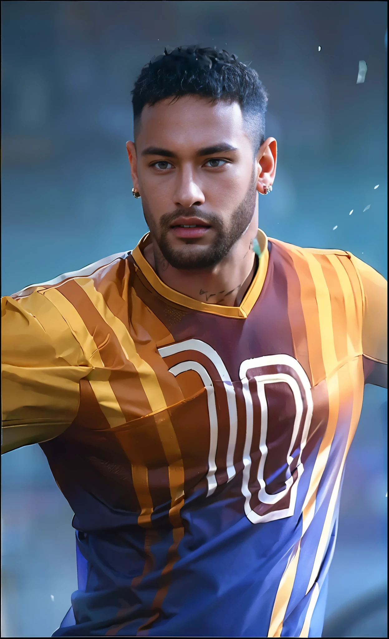 (photorealistic:1.4), best quality, masterpiece, ultra high res, 1man, (detailed face:1.2),(finely detailed beautiful eyes:1.2) , (detailed hair:1.2), (detailed clothes:1.2), 4k, (detailed color:1.2),Depth Of Field, VFX, neymar brazil face