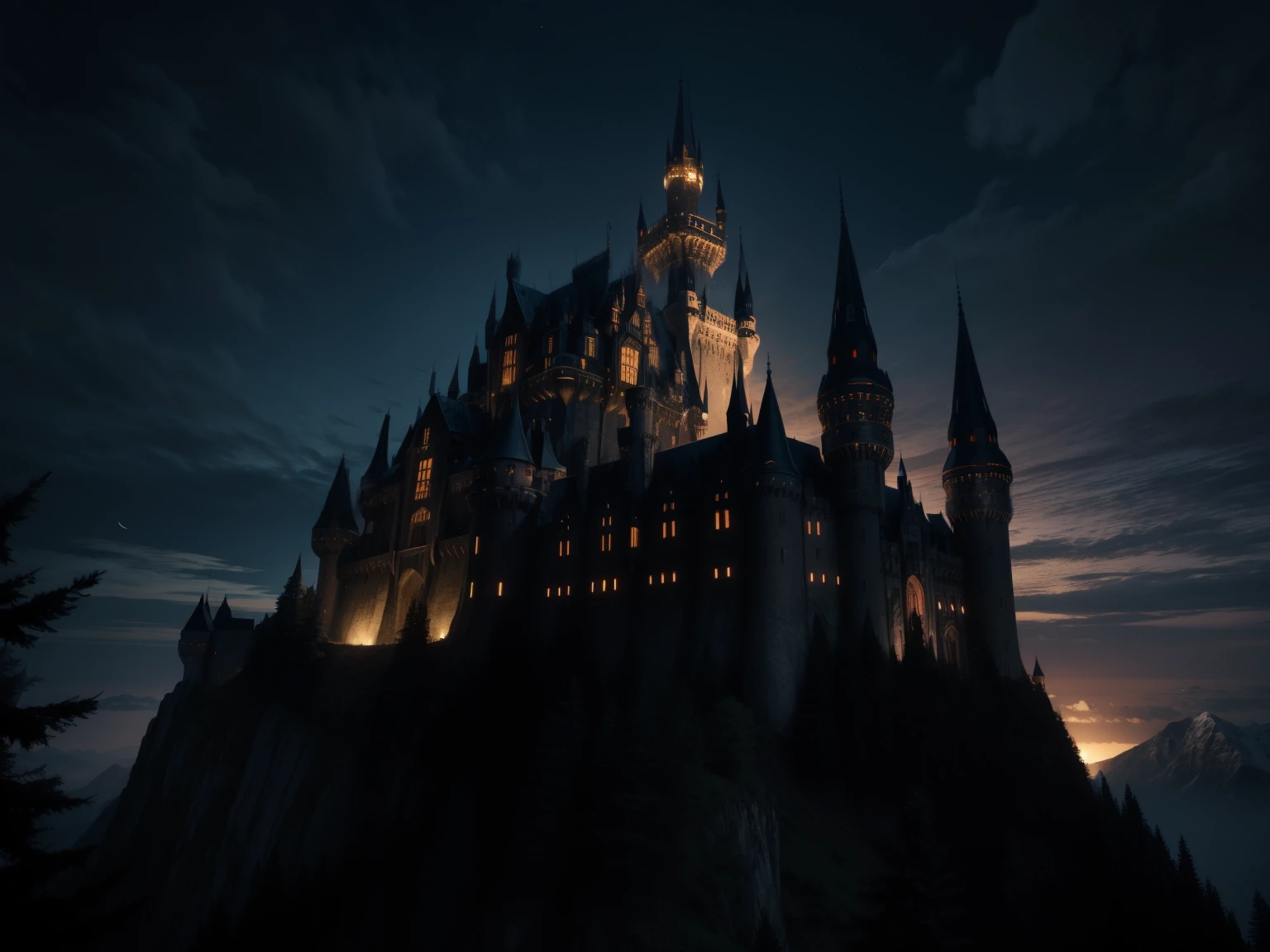 dark castle in the middle of mountain, at night castle background, Gothic castle,