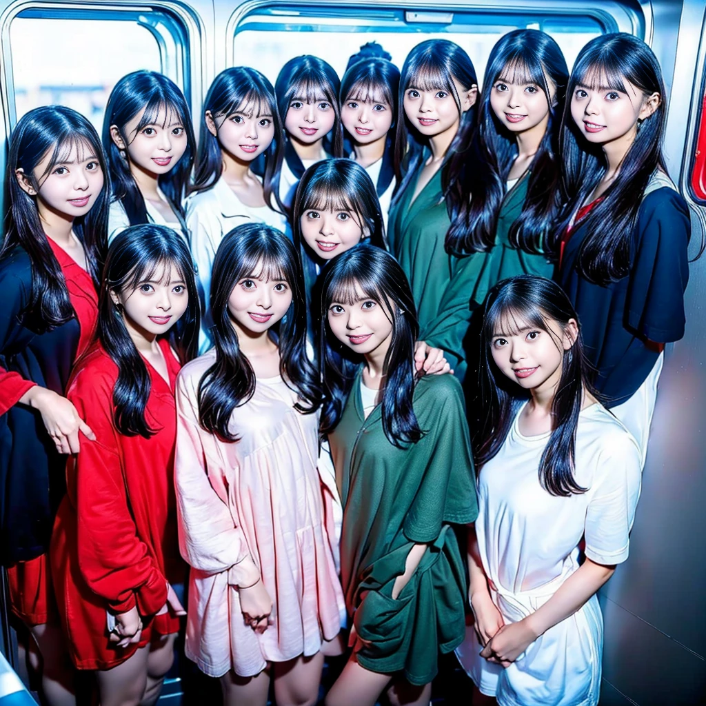 Raw photo、(((multiple girls))),((((6+girls)))),((((1000girls)))),(((10000girls)))、(((crowd shot))),((a baby face)),(((Adhesion)))、((Crammed))、((Packed))、(Inside the crowded train)、Women only、japanes、((Same height))、The same face、((A dark-haired)),Longhaire、1000 cute women standing on the train with no gaps between each other、(((Large group)))、((chiquita))、sweating、joyous expression、chiquitaでいっぱいの満員電車