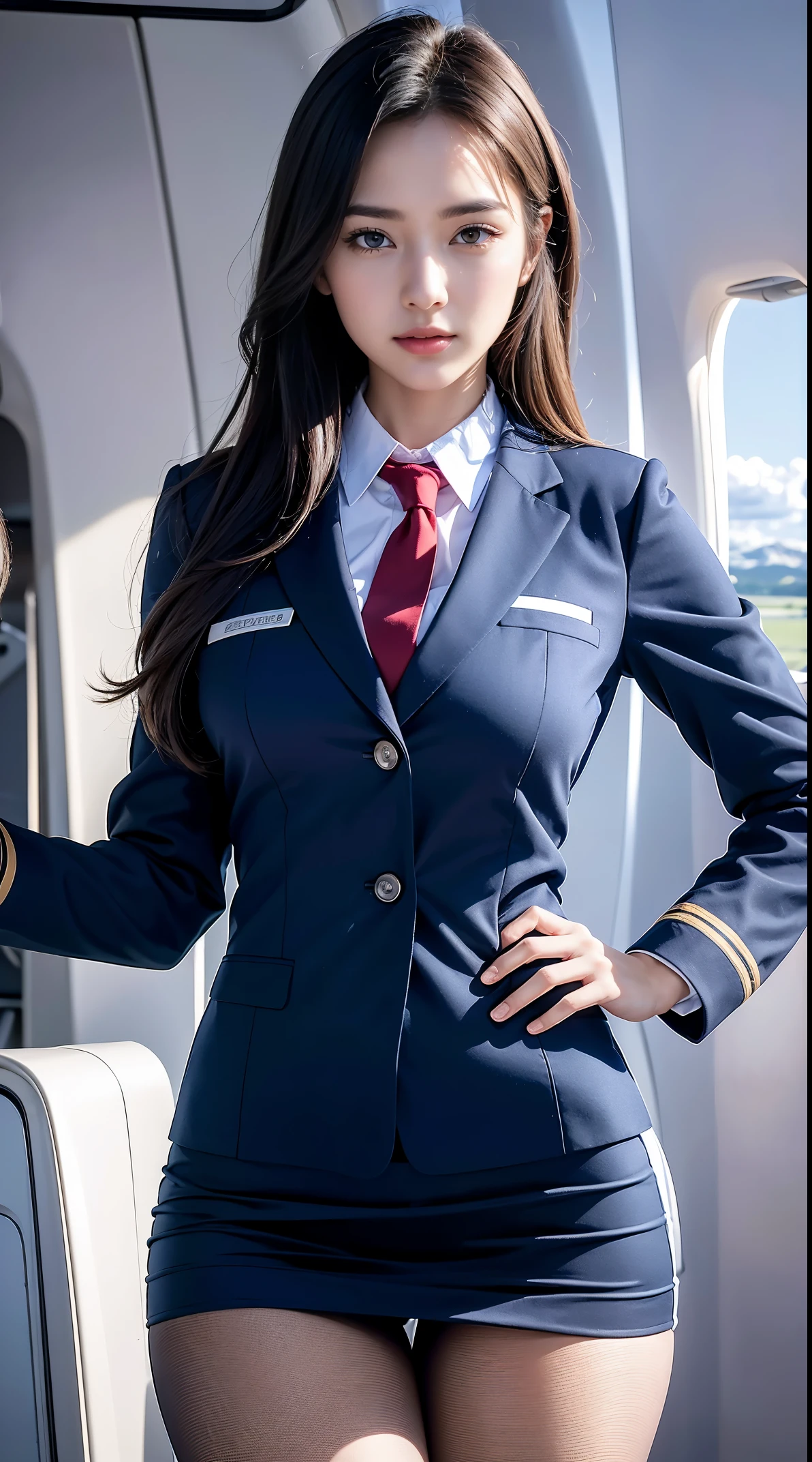 Arafed woman in a blue suit and red tie standing on a plane - SeaArt AI