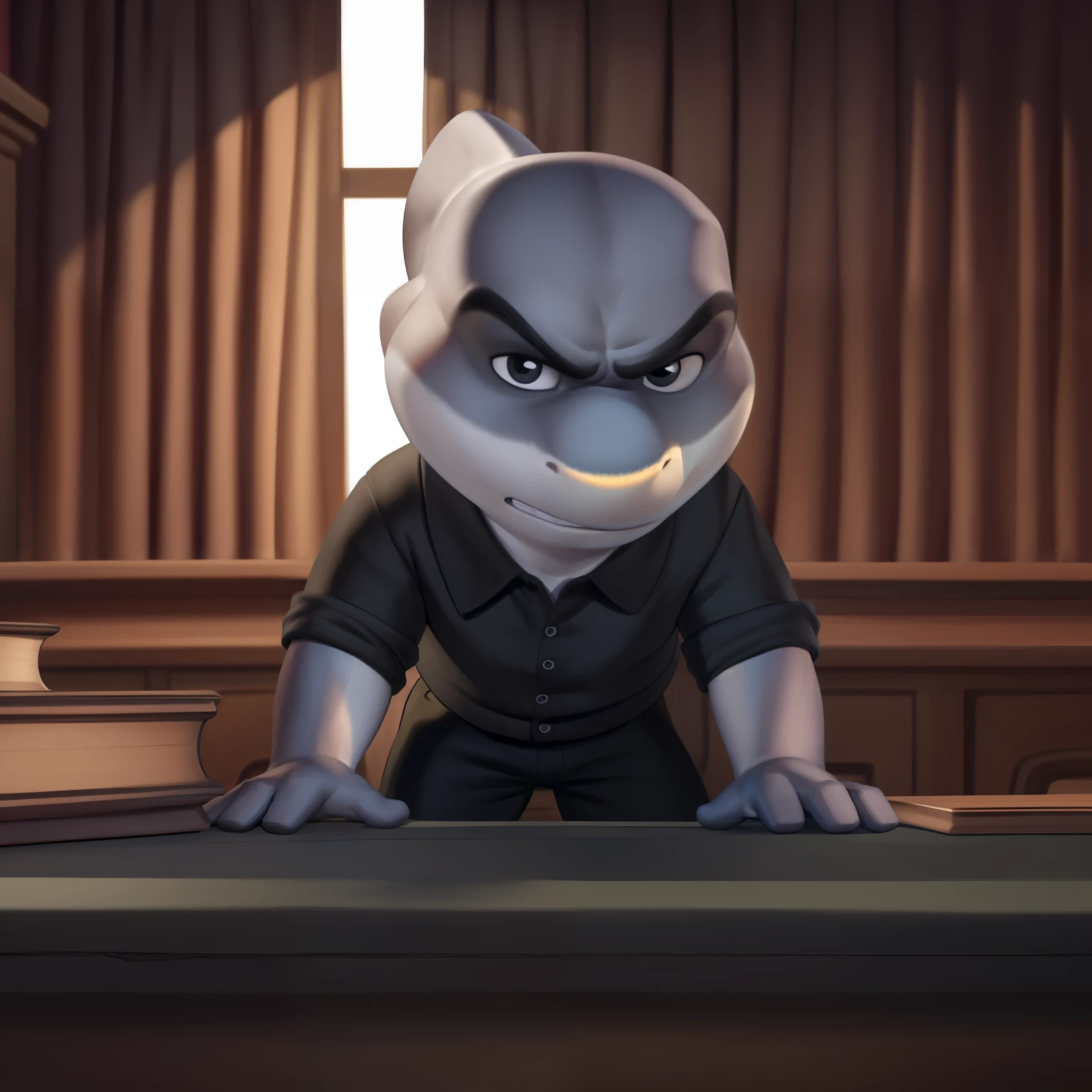mr shark, plump, fat, belly, black eyes, (pose:1.osing:1.3), (soft shading), 4k, hi res, five fingers, detailed hands, ((detailed face, (detailed eyes:1.0), detailed)), (full body), by zackarry911, by zaush, (by personalami:0.5), looking at viewer, shirt, 1boy, black sweater, black pants, dark blue shoes, male focus, pants, black shirt, gray sport pants, giant head, huge head, big head. leaning over a table, strongly hitting the surface of the table with his hand, hand resting fully on the table. angry and serious expression