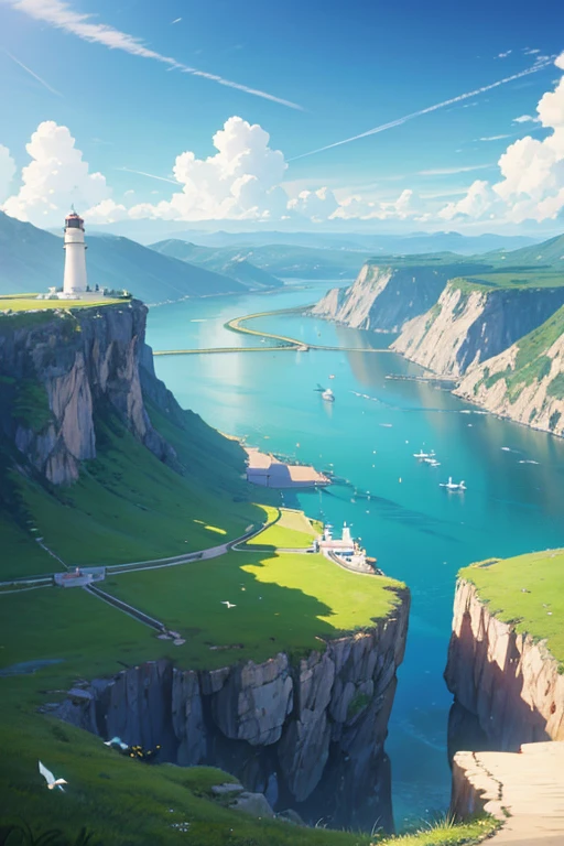 A lighthouse on a cliff overlooking a lake, Anime landscapes, Anime countryside landscape, beautiful anime scenery, anime scene, beautiful anime scenes, Anime landscapes, anime backgrounds, Small town background, Anime landscapes概念艺术, anime backgrounds艺术, town in background, distant village background, anime backgrounds主视觉, Today’s recommended anime is still, anime movie backgrounds