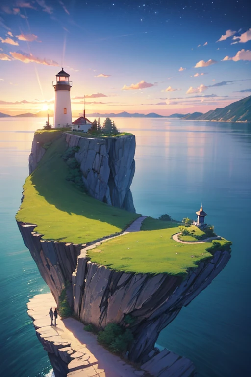 A cartoon scene overlooking a lake on a cliff with a lighthouse, anime landscape, anime countryside scenery, a beautifully animated scene with a touch of tranquility, anime landscape, beautiful anime scenery, anime landscape, anime background, small town background, anime scenic concept art, anime background art, a small town in the background, a distant village background, anime background as the main visual, today's recommended anime still features, anime movie background.