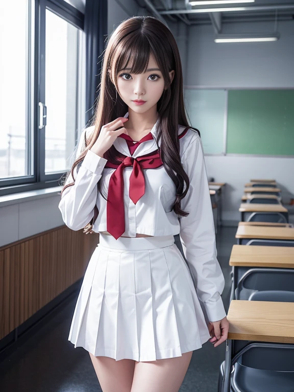 anime girl in white uniform and gray skirt standing in classroom with desks and chairs, gapmoe yandere, red line anime film style, beautiful anime girl visuals, jk uniform, moe anime art style, reisen udongein inaba, as anime character, still from anime TV , beautiful anime high school girl, inspired by the impact of the three evangelion, kantai collection style