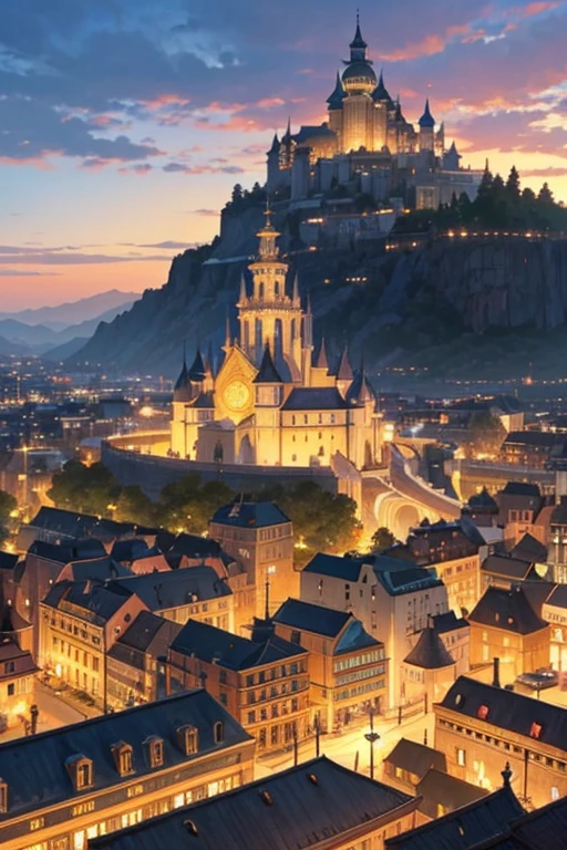 A close-up of a small town，There is a fountain in the middle, Downtown background, town in background, Small town background, Anime landscapes概念艺术, Bustling magic town, medeival fantasy town, Fantasy town setting, beautiful anime scenery, black clover screenshot, Anime landscapes, ancient city of white stone, Renaissance port city background, anime scene