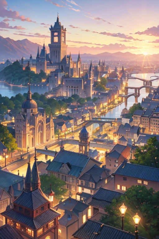 A close-up of a small town，There is a fountain in the middle, Downtown background, town in background, Small town background, Anime landscapes概念艺术, Bustling magic town, medeival fantasy town, Fantasy town setting, beautiful anime scenery, black clover screenshot, Anime landscapes, ancient city of white stone, Renaissance port city background, anime scene