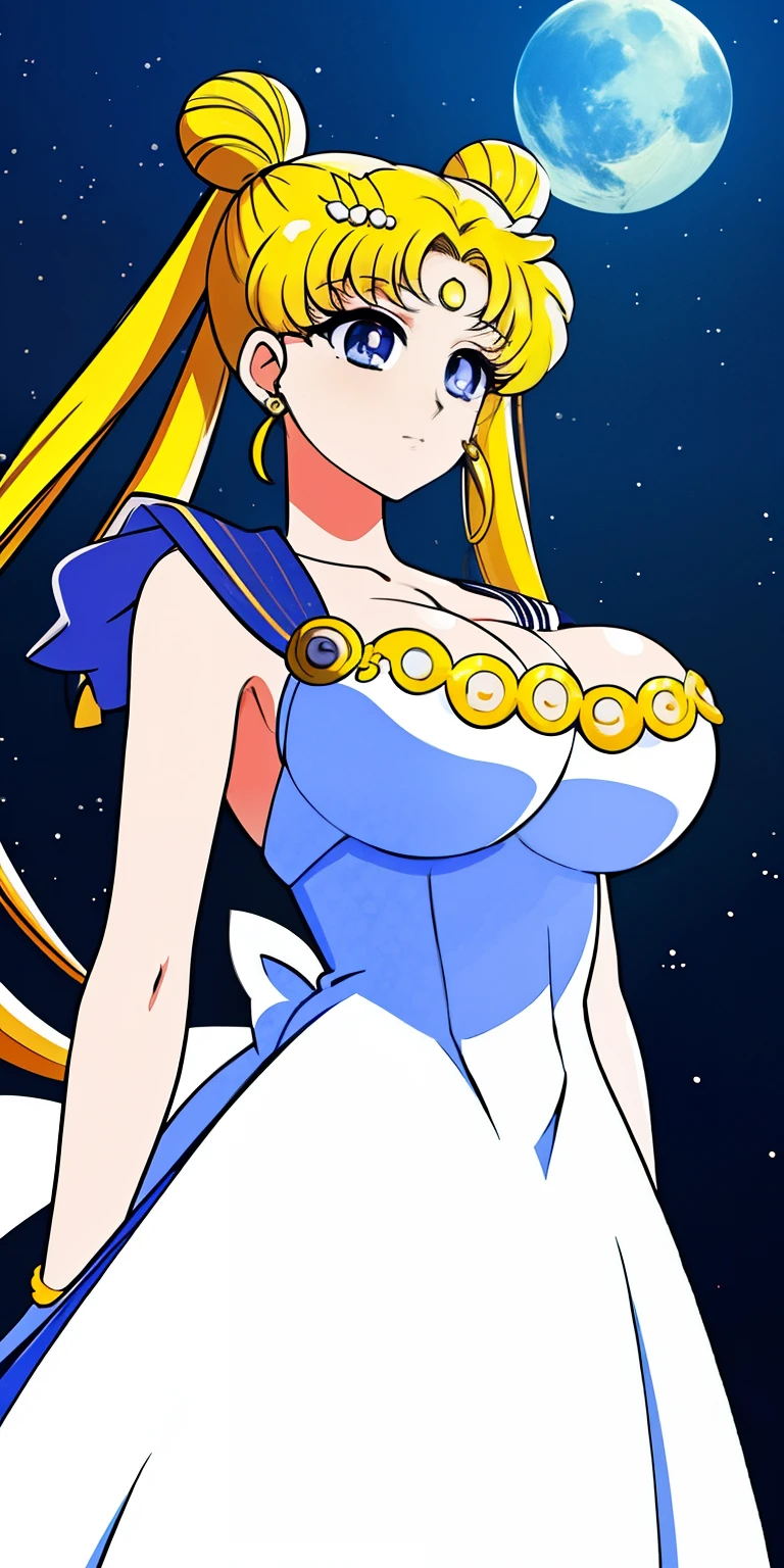 SMU Sagitsukino, 큰pectorals, Standing, Solo, Masterpiece, Best Quality, Detailed face, Detailed Eyes, high resolucion, Masterpiece, Best Quality, Detailed face, Detailed Eyes, high resolucion, SMPrincessCostume,Serenity,프린세스Serenity,네오퀸Serenity,pectorals,Big,거대한pectorals,풍만한pectorals.a blond,Dango hair,왕pectorals,breast,forehead crescent moon,젖pectorals,흘러넘치는pectorals,voluptuousness,The dress,crescent moon on forehead