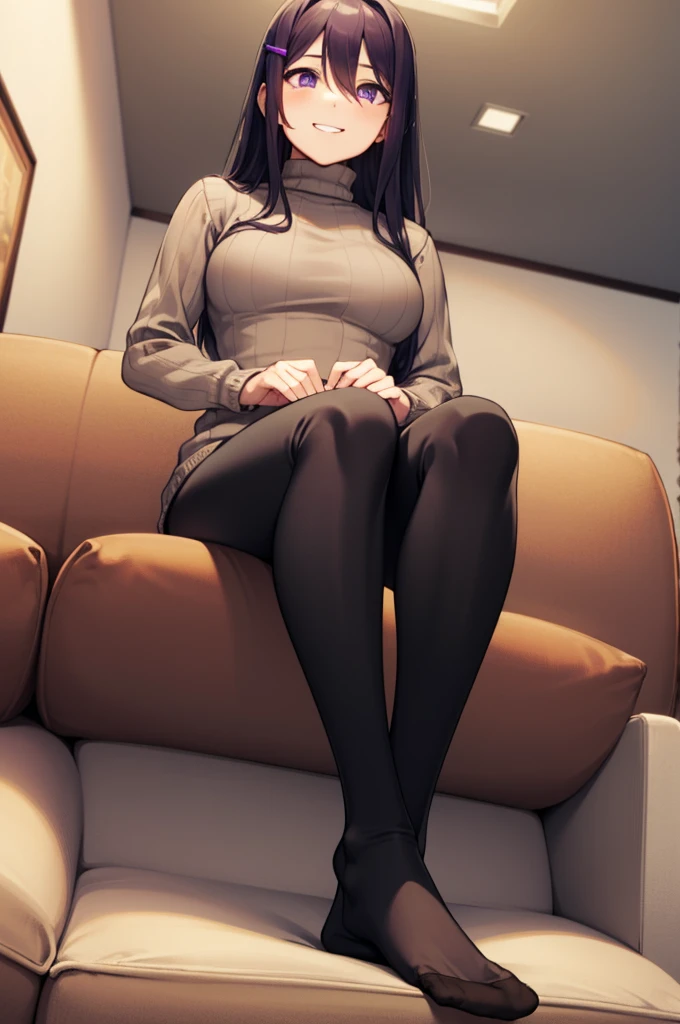 ((full body:1.4)), ddlcyuri, ddlcyuri, hair ornament, hairclip, long hair, (purple eyes:1.1), purple hair, grin, smile, hair over eyes, wide smile, living room background, ((sitting on black sofa:1.4)),
((grey sweater:1.4)), ((black leggins:1.4)), ribbed sweater, sweater, ((ankle white socks:1.4)), turtleneck, turtleneck sweater,
BREAK looking at viewer, BREAK indoors, livingroom background, BREAK (masterpiece:1.2), best quality, high resolution, unity 8k wallpaper, (illustration:0.8), (beautiful detailed eyes:1.6), extremely detailed face, perfect lighting, extremely detailed CG, (perfect hands, perfect anatomy), ((view from below:1.4)),