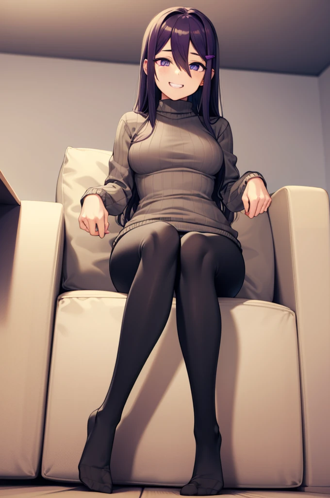 ((full body:1.4)), ddlcyuri, ddlcyuri, hair ornament, hairclip, long hair, (purple eyes:1.1), purple hair, grin, smile, hair over eyes, wide smile, living room background, ((sitting on black sofa:1.4)),
((grey sweater:1.4)), ((black leggins:1.4)), ribbed sweater, sweater, ((ankle white socks:1.4)), turtleneck, turtleneck sweater,
BREAK looking at viewer, BREAK indoors, livingroom background, BREAK (masterpiece:1.2), best quality, high resolution, unity 8k wallpaper, (illustration:0.8), (beautiful detailed eyes:1.6), extremely detailed face, perfect lighting, extremely detailed CG, (perfect hands, perfect anatomy), ((view from below:1.4)),