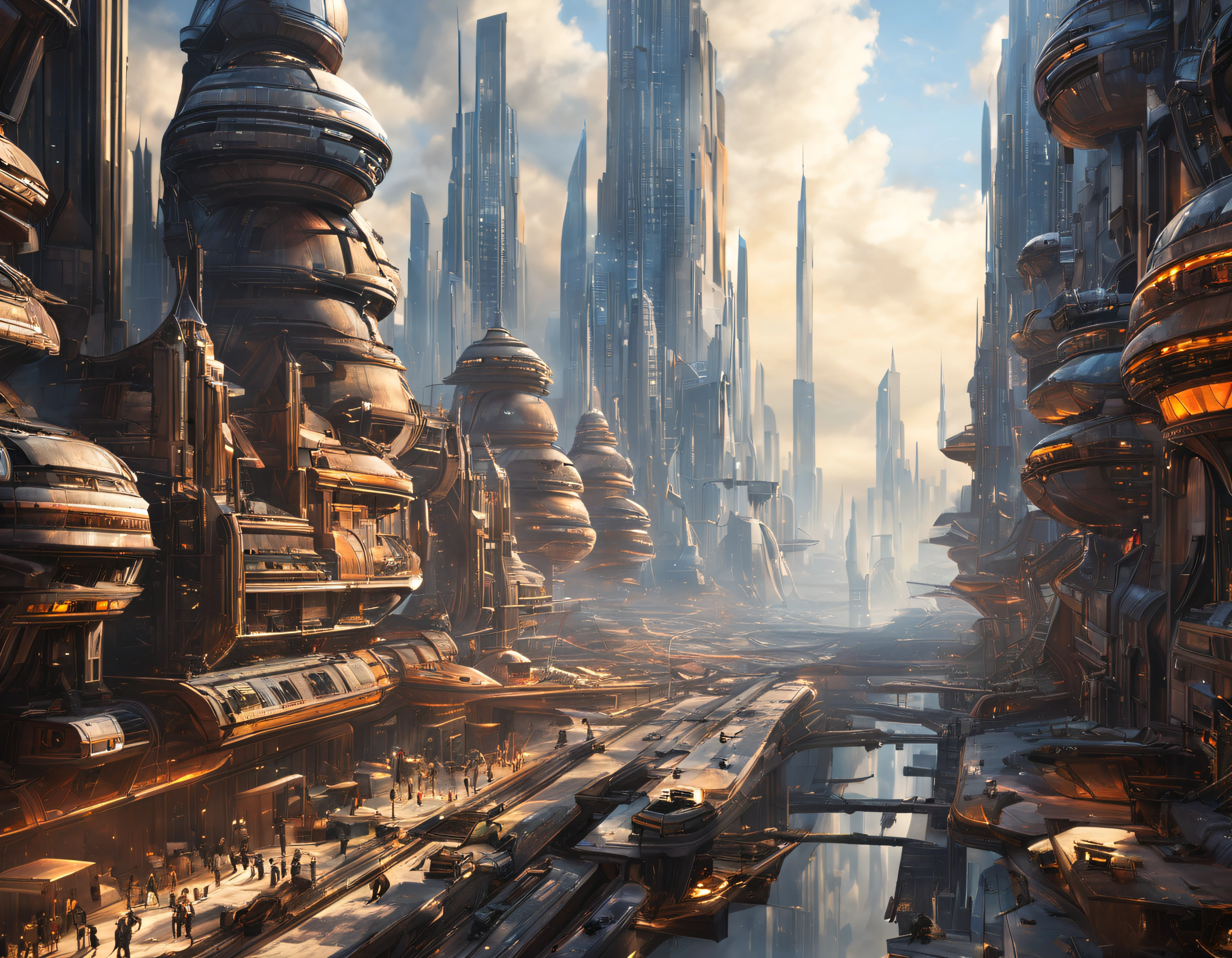(The city of Coruscant from Star Wars as designed by Doug Chiang), futuristic fantasy city with immense buildings of technological design (que forman una avenida infinita), edificios compactor no difuminados con aspecto metalico, luces en ventanas en edificios, iluminacion diurna con sol, con estructuras acristaladas espectaculares, (con colores vivos). pavimento ensolado (sin brillo). gente paseando. imagen bien definida con muchos edificios juntos. imagen nitida bien definida 8k. los edificios llegan alta el fondo.,8k. imagen cinematografica