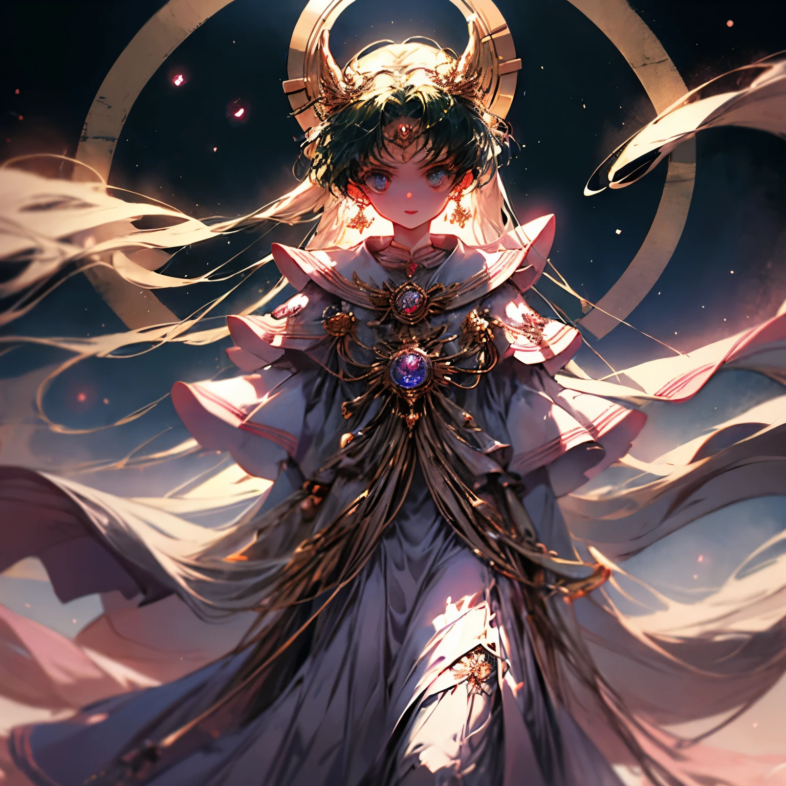 Imagem de uma entidade espiritual, a Aurora, Guardian of the Celestial Dawn. An ethereal figure enveloped in soft, glowing light, vestindo um manto celestial de cores suaves e tons de pedras preciosas. O seu semblante transmite calma e sabedoria, com um olhar sereno e acolhedor, emanating an aura of protection and confidence."