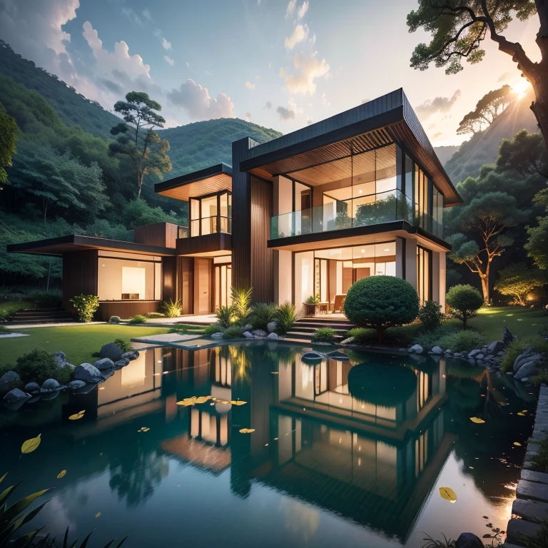 （super wide shot），（Best Masterpiece），8K，Modern rectangular glass villa in the middle of the hill，Wide windows，Densely wooded，The leaves are verdant，The stream is babbling。The visuals are beautiful and beautiful，Evening lighting effects