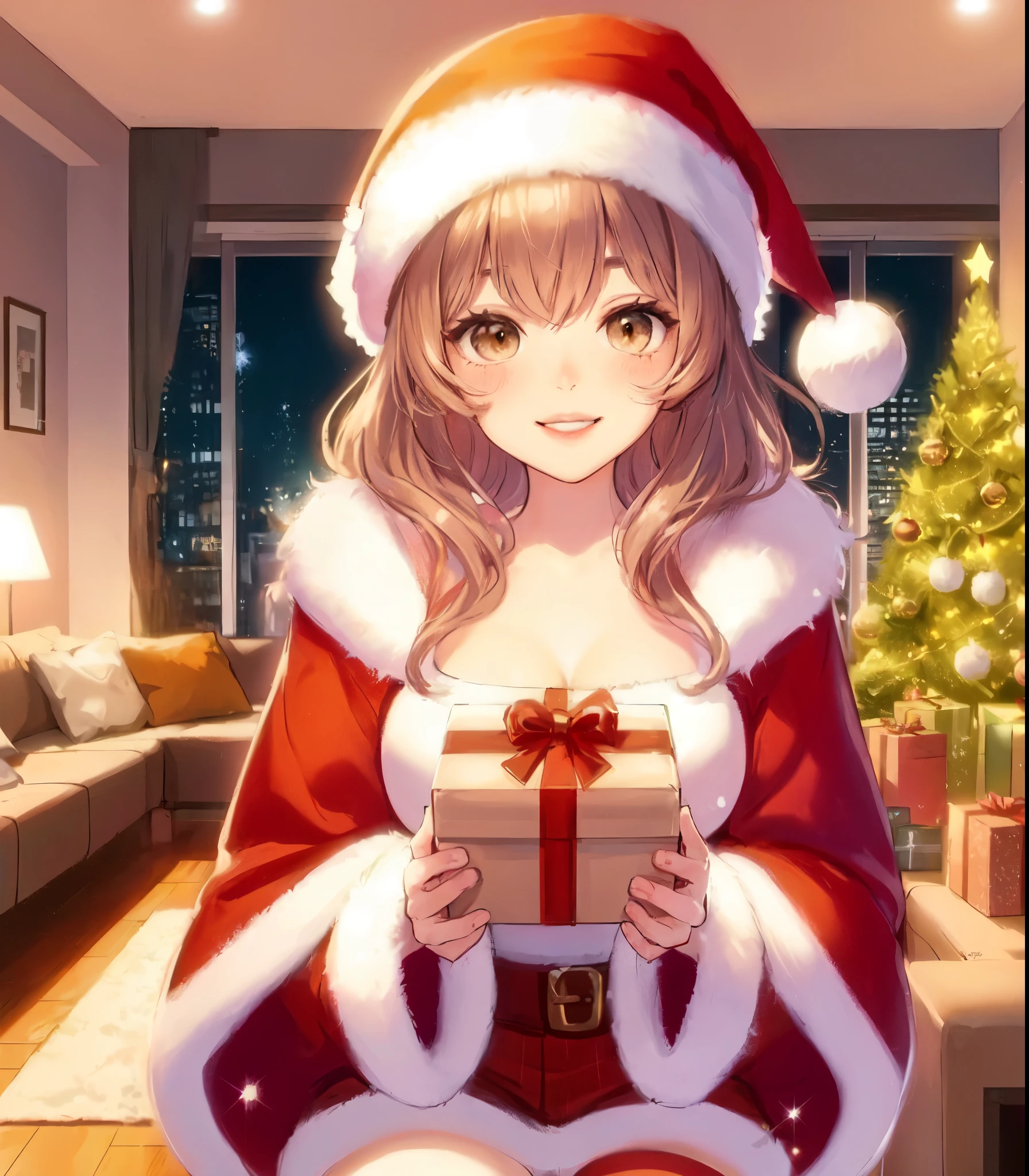 1lady solo, (stylish outfit) (Santa Claus costume:1.2), mature female, /(light brown hair/) bangs, blush kind smile, (masterpiece best quality:1.2) delicate illustration ultra-detailed, large breasts BREAK (holding a present box) BREAK (modern house living room) indoors, (Christmas tree glowing)