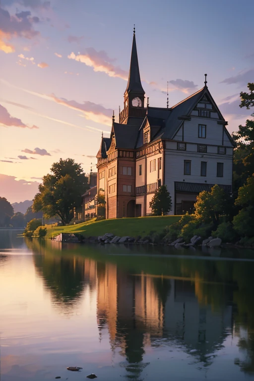 Feder house with steeple and lake in the background, beautiful anime scenery, beautiful anime scenes, Anime landscapes, Anime landscapes概念艺术, tavern background, Anime countryside landscape, Ghibli Studio Environment, Small town background, Studio Ghibli film stills, Anime background art, anime scene, cozy bistro, Madhouse Studio anime style, immensely detailed scene