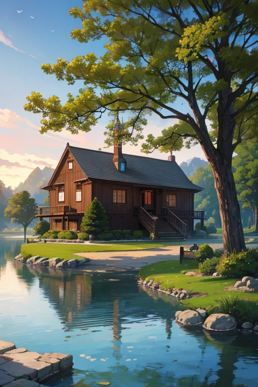 Feder house with steeple and lake in the background, beautiful anime scenery, beautiful anime scenes, Anime landscapes, Anime landscapes概念艺术, tavern background, Anime countryside landscape, Ghibli Studio Environment, Small town background, Studio Ghibli film stills, Anime background art, anime scene, cozy bistro, Madhouse Studio anime style, immensely detailed scene