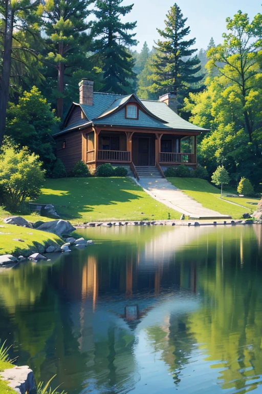 Feder house with steeple and lake in the background, beautiful anime scenery, beautiful anime scenes, Anime landscapes, Anime landscapes概念艺术, tavern background, Anime countryside landscape, Ghibli Studio Environment, Small town background, Studio Ghibli film stills, Anime background art, anime scene, cozy bistro, Madhouse Studio anime style, immensely detailed scene