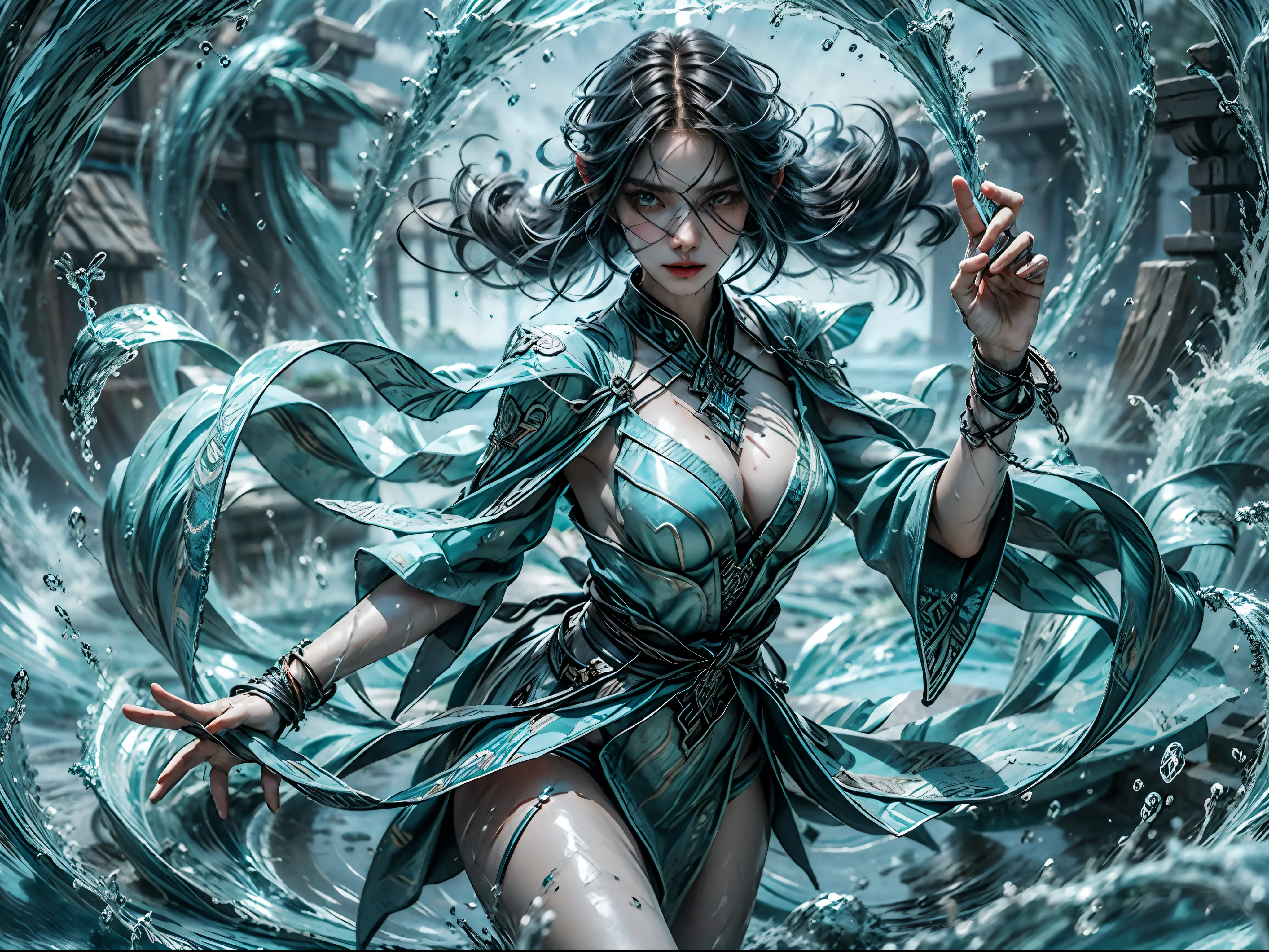 Beautiful demon witch summons water to cast water spell,Stand and watch the audience, There are various water chains around her,(((Delicate and perfect face shape))),light smile, pretty face, alluring figure,Tall figure, Ripe body, Break the water aura, Water spear, water sphere , Water flowed through her body, Floating with the movement of her hands, Dazzling blue transparent water splash around, Water phoenix flying in the background, The pure water on the ground just covered her feet, water bender, Floating water, Water flows freely in the air, breaking,Detailed pubic hair,actual,4k 高度Detailed pubic hair数字艺术,octaneratingrendering, Bio-luminescence, Breakthrough 8K resolution concept map, hentail realism,by mapa studio,tmasterpiece,Best quality at best,offcial art,illustratio,清晰的线条,(Cool_colours),perfect compositions,absurd res, fanciful,Focused