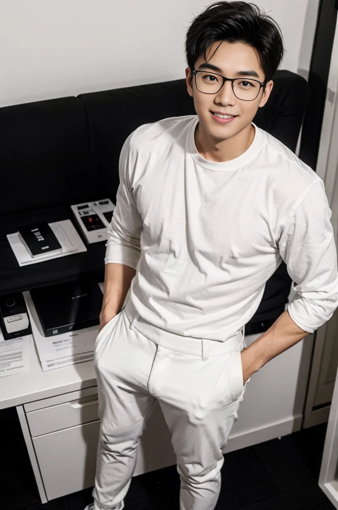 Head-to-toe image of a handsome and cute, 18-year-old Asian man, black hair, light smile, wearing glasses, wearing a white shirt, black pants, and black leather shoes, white socks, standing on the floor with a work desk in an office, depth of field, cinematic lighting, Ultra-Wide Angle, masterpiece, anatomically correct, ccurate, textured skin, high details, best quality, Realism, 4K, full lenght shot