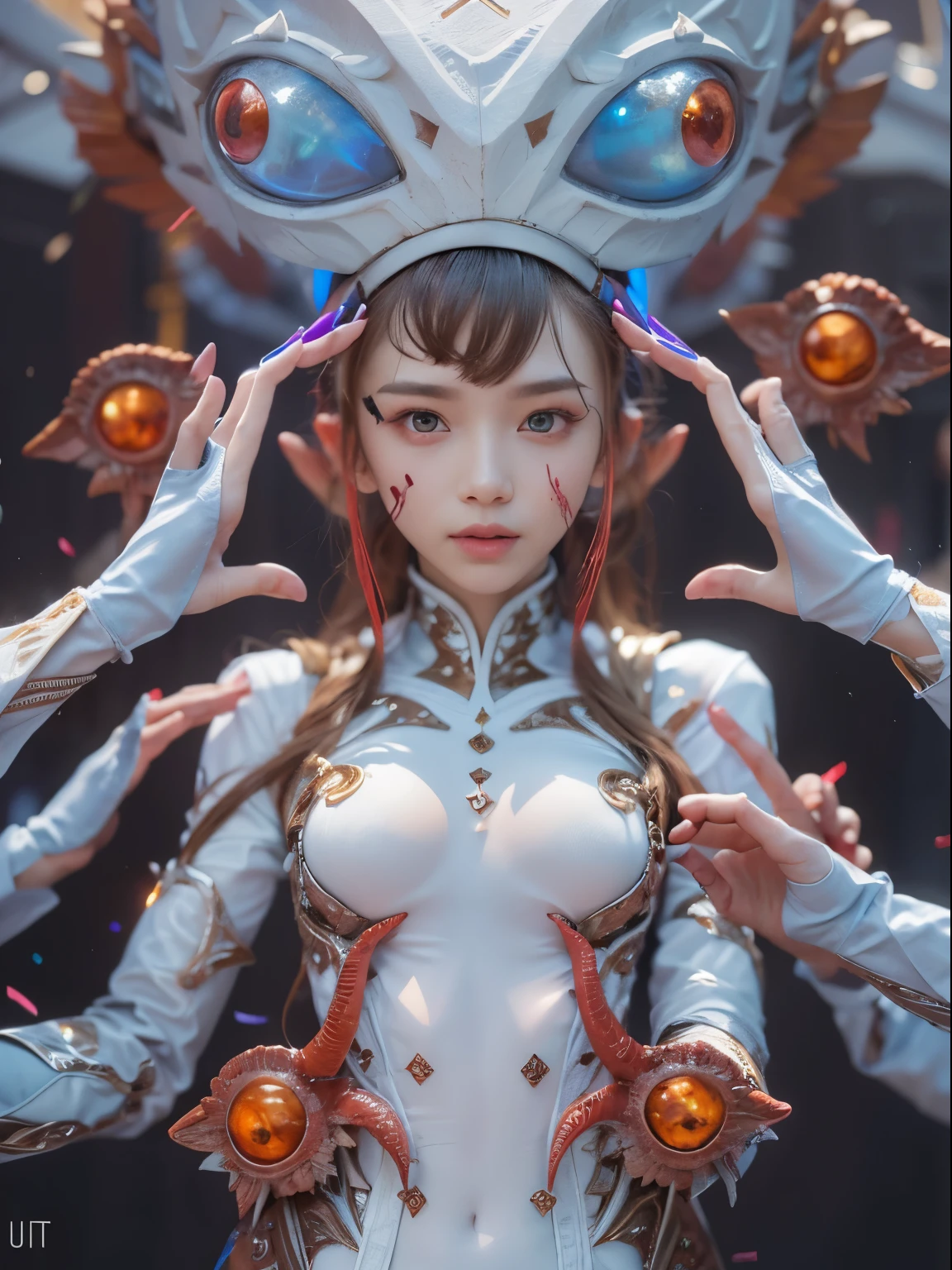 Female Alien, Beautiful face, seduces, red eyes, Full body like, A sexy, alien, No humans, an alien, cells are fused, Multiple hands, Lots of blue tentacle skin:1.5), extraterrestrial, cell, bio image, 魅惑的, Best Quality, 8K,,4K_quality, high_Definition,Dramatic Lighting, masutepiece:1.5,cinematic quality, detail up, Intricate details:1.2, 超A high resolution, High Definition, drawing faithfully, (Thick eyebrows:1.2), (Big scarlet eyes:1.6), Beautiful eyes with fine symmetry, (Ultra detailed eyes:1.2),(Highly detailed face and eyes:1.2), (High-resolution red-eye:1.4), Intimate face, (ultra detailed skin texture:1.4), Perfect Anatomy,  (Beautiful toned body:1.5),  (Moist skin:1.2), No makeup, (dark circles:1.1),