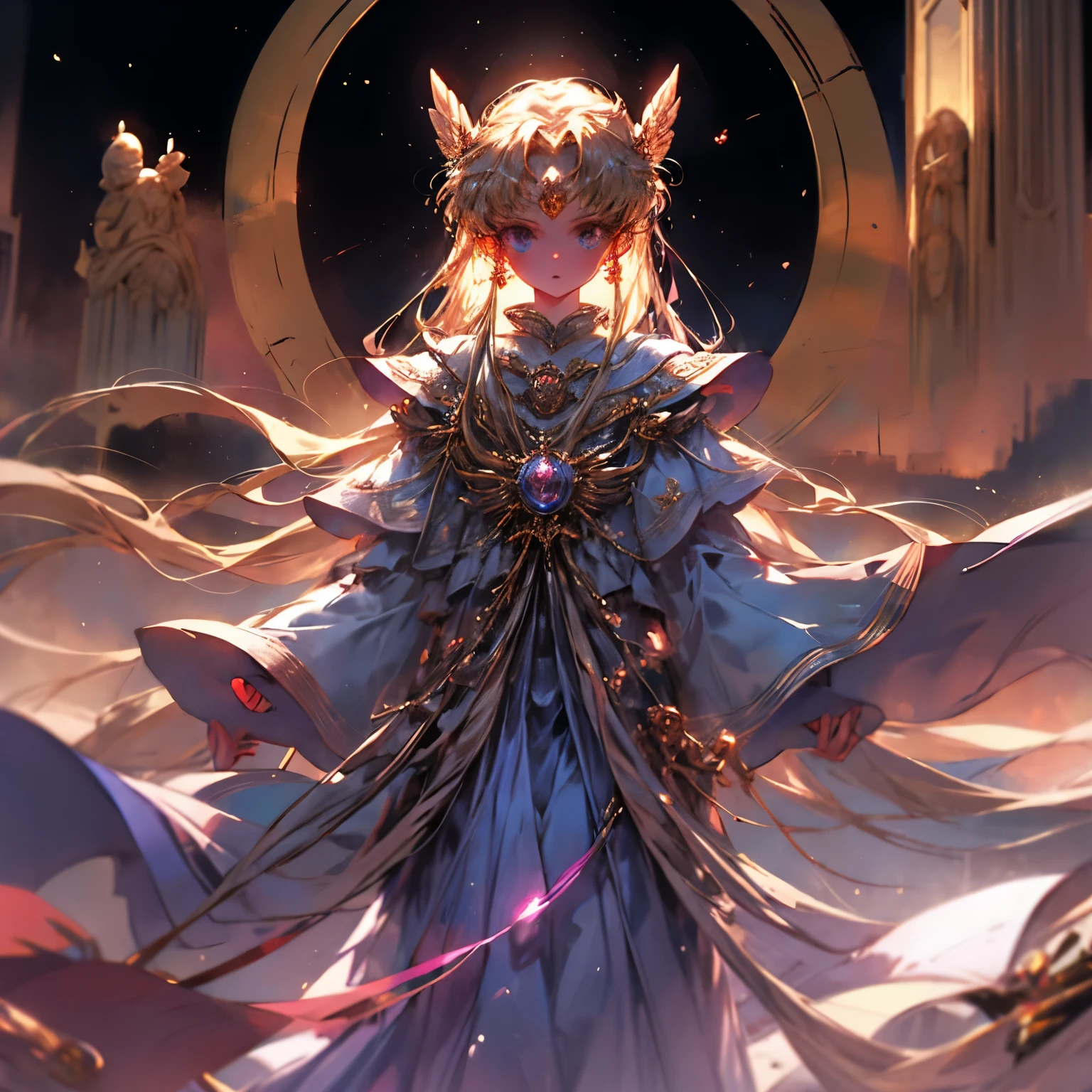 Imagem de uma entidade espiritual, a Aurora, Guardian of the Celestial Dawn. An ethereal figure enveloped in soft, glowing light, vestindo um manto celestial de cores suaves e tons de pedras preciosas. O seu semblante transmite calma e sabedoria, com um olhar sereno e acolhedor, emanating an aura of protection and confidence."