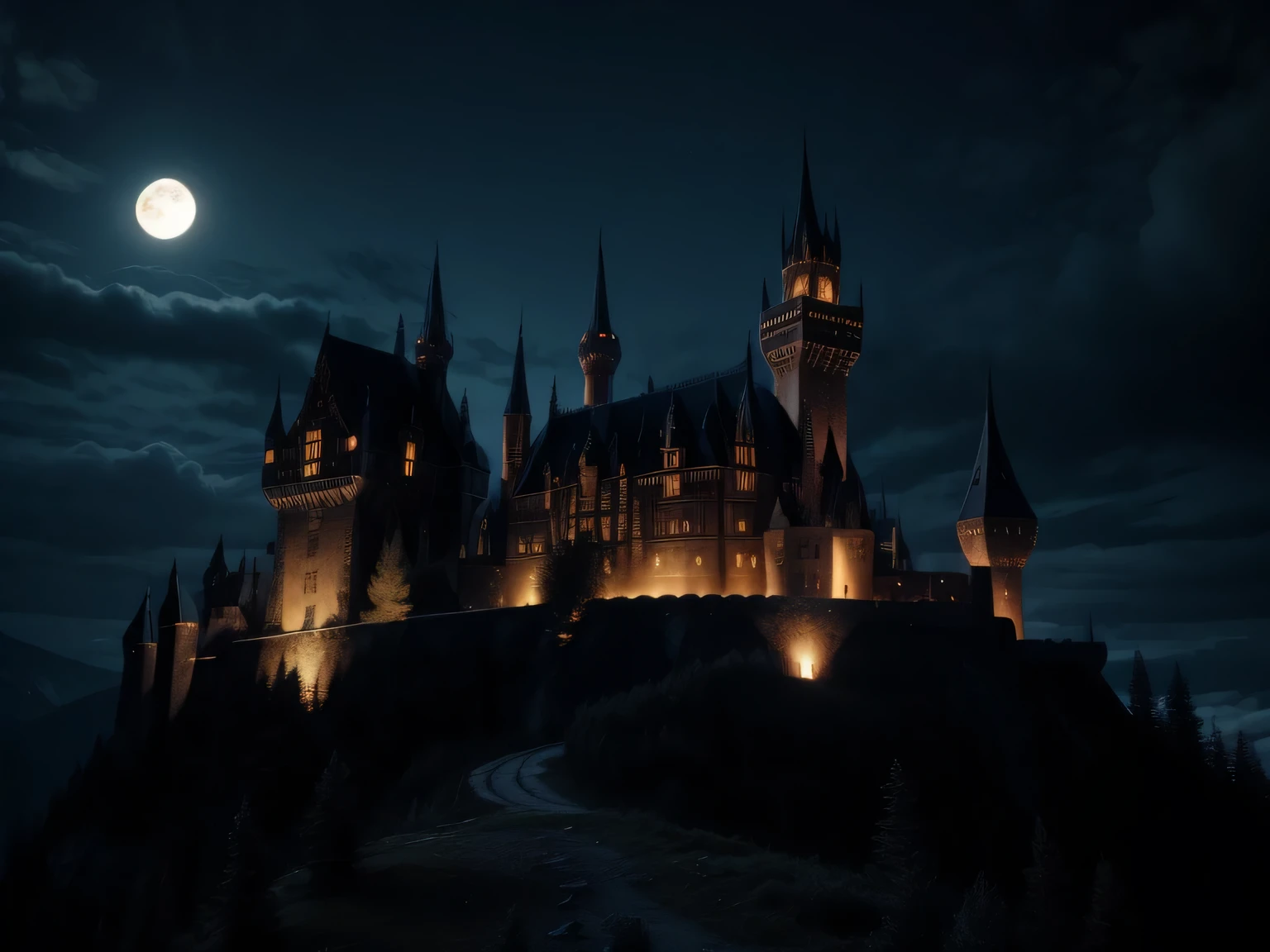 dark castle in the middle of mountain, at night castle background, Gothic castle,