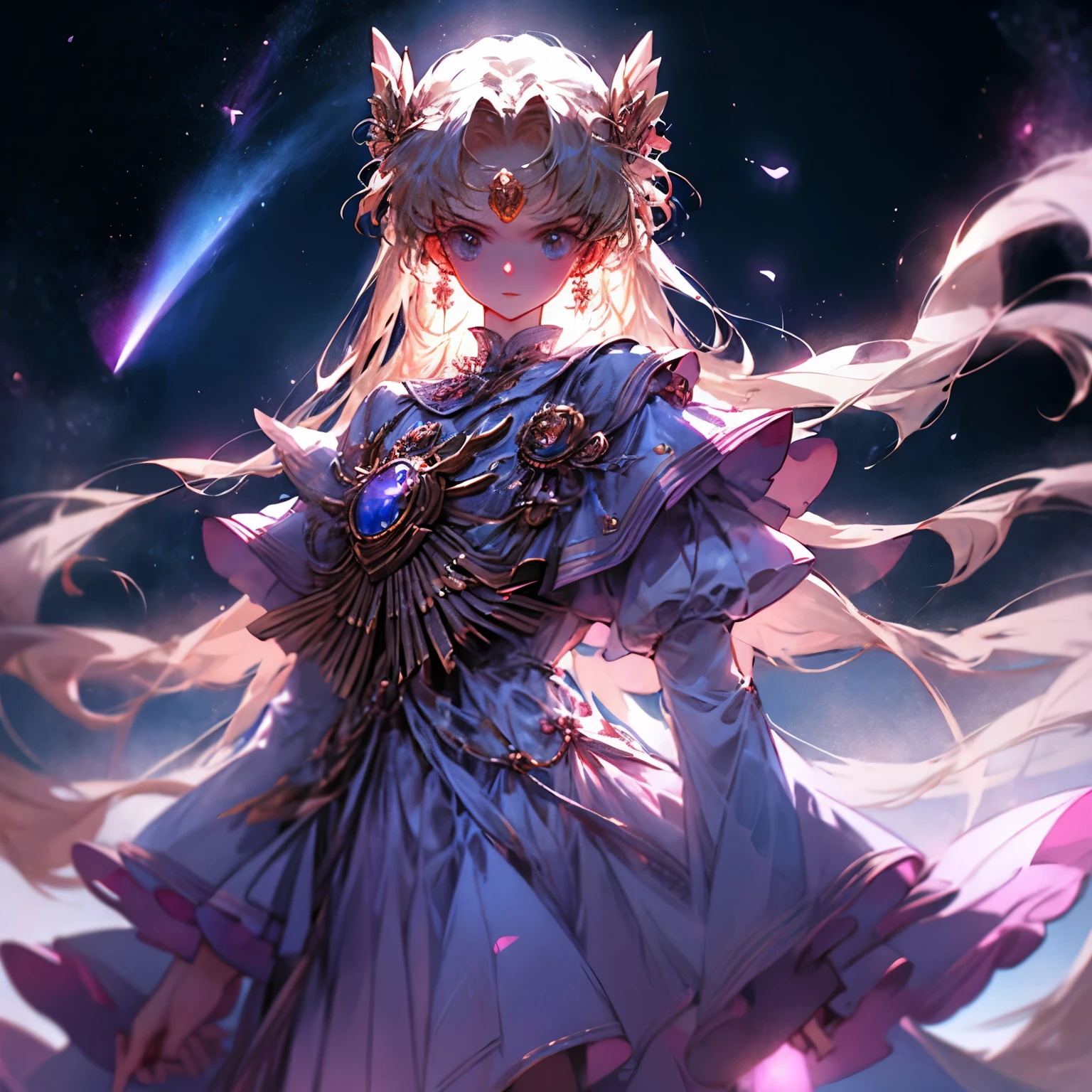 Imagem de uma entidade espiritual, a Aurora, Guardian of the Celestial Dawn. An ethereal figure enveloped in soft, glowing light, vestindo um manto celestial de cores suaves e tons de pedras preciosas. O seu semblante transmite calma e sabedoria, com um olhar sereno e acolhedor, emanating an aura of protection and confidence."