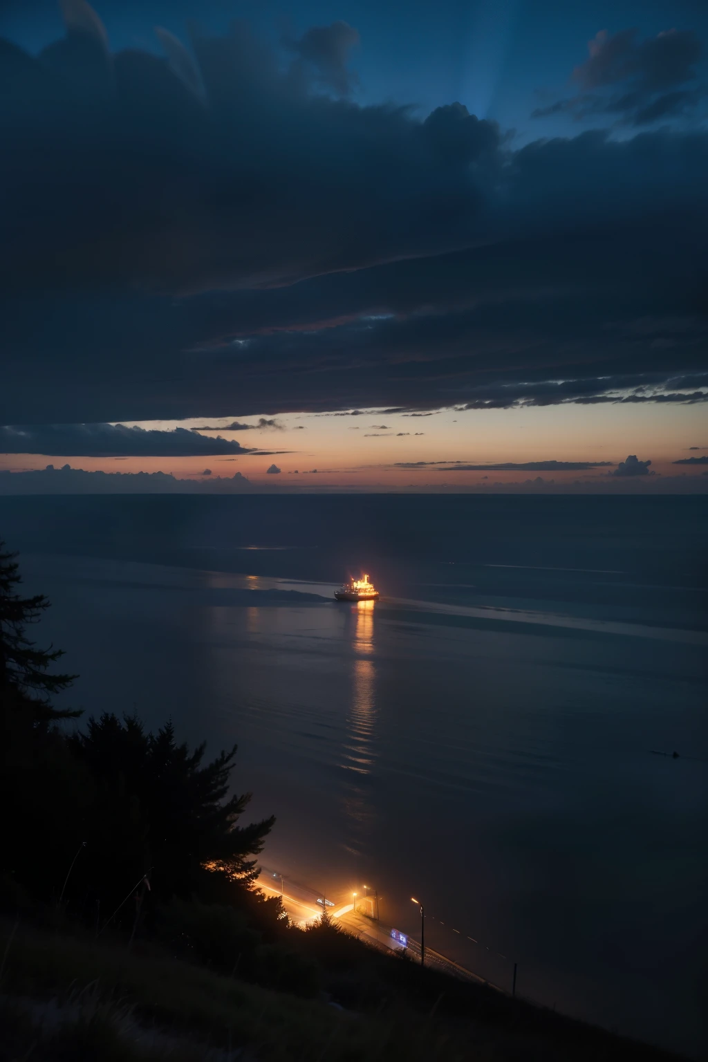hyper realisitc, high detal, , Ray traching, angle of view, Overlooking
, hyper HD, tmasterpiece,  Natural scenery in the dark night and evening on the far sea without people