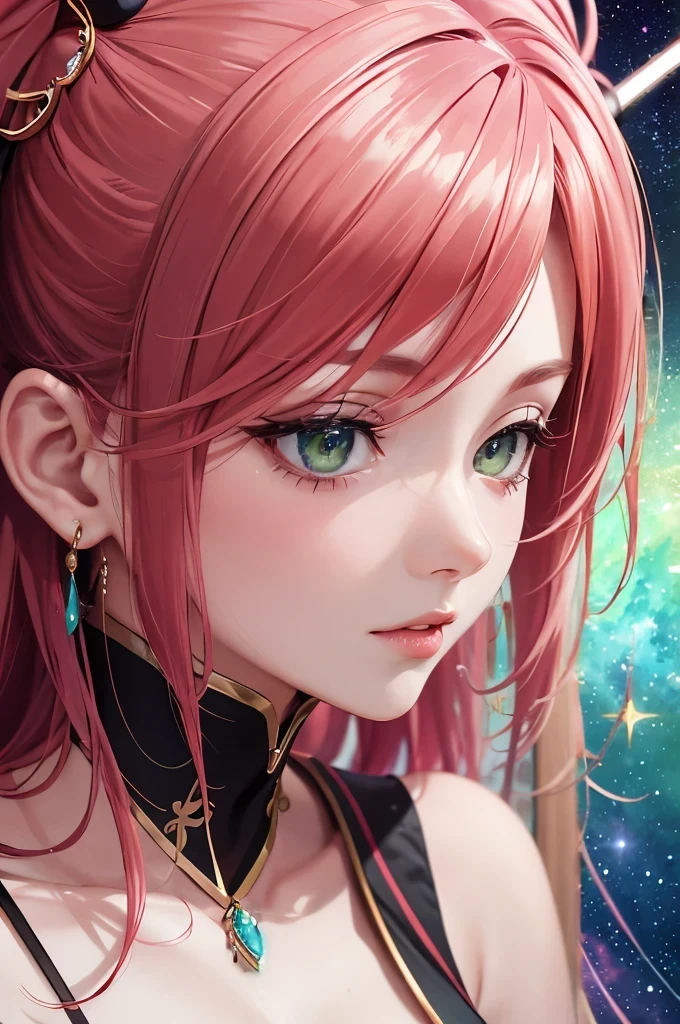 (high quality,realistic) A girl with green pupils, detailed eyes, and beautiful lips is standing in a vibrant garden. She is wearing a pair of blue earrings and a matching necklace that shines elegantly. The atmosphere is filled with the scent of blooming flowers, and the sunlight gently filters through the leaves, casting a soft, warm glow on the scene. The girl's hair cascades down her shoulders, and she is dressed in a flowing summer dress that reflects the colors of nature. Each strand of her long eyelashes is meticulously highlighted, adding depth and allure to her gaze. The crisp details capture the intricate texture of her skin, with each freckle and line delicately portrayed. The artwork is a masterpiece, bringing the garden to life with its ultra-detailed rendering and vibrant colors. The realistic portrayal creates a sense of presence, as if the girl could step out of the painting at any moment. The light and shadows play harmoniously, creating a captivating play of highlights and contrasts. The green hues of the girl's eyes enhance the natural beauty of the garden, while the blue earrings and pendant add a touch of elegance and charm. The overall composition exudes a sense of tranquility and serenity, it a captivating piece of art.