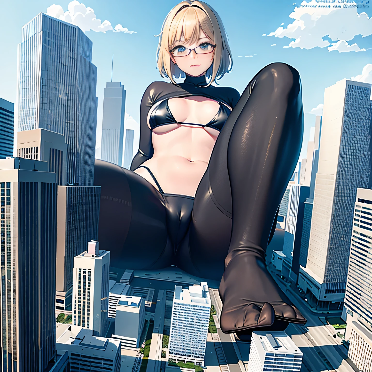der riese art, 非常に詳細なder rieseショット, der riese, Shorthair, Giant woman bigger than a skyscraper, Wearing rimless glasses, Colossal tits, Big ass, Bikini swimwear, Removed clothes and accessories are scattered., very small metropolis, Trying to destroy a miniature metropolis, Full body depiction, nffsw, giga der riese, der riese, Small town, micro city,