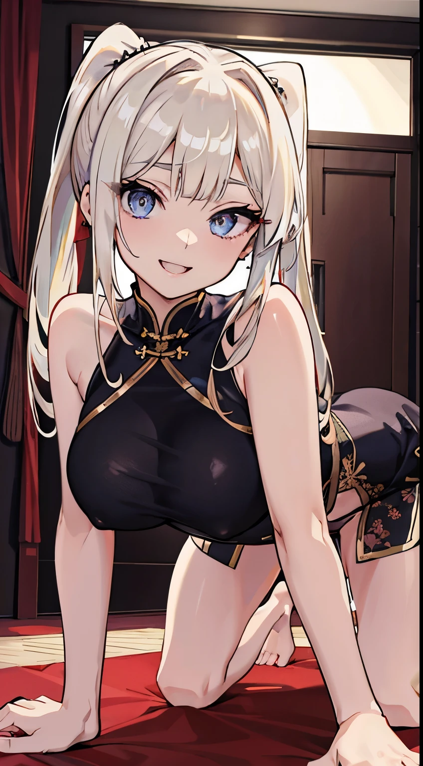top-quality、realistic touch,high-detail、photoRealstic、thin-waist、captive beauty、big eye、Strong platinum blonde eyelashes、platinum-blond、full body Esbian、Sparkling eyes、Submissive smile、Flushed cheeks、Kamimei、thin-waist、Voluptuous thighs、Enraptured look、Raked bangs、The forehead is protruding、At the front door of the house、pony tail hairstyle、Navel Look、she is in estrus、A pose where you crawl on all fours、sexy chinese dress、cocky expression、huge tit