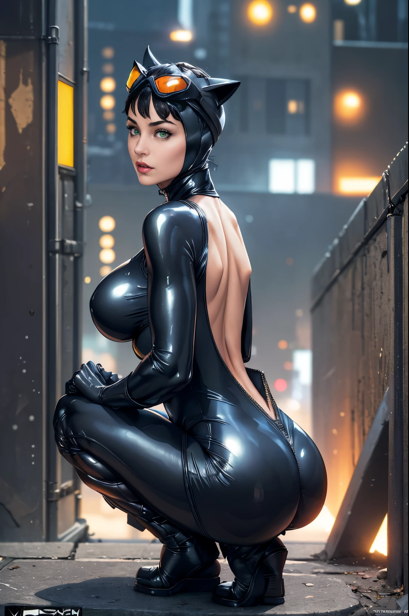 (masterpiece, best quality:1.2),  catwoman, 1girl, solo, breasts, (cat ears, goggles, goggles on head), huge breasts, black bodysuit, night, center opening, unzipped, open bodysuit, green eyes, blurry background, perfect hands, perfect fingers, skimpy outfit, squatting, rear view, show butt, perfect ass, looking over shoulder