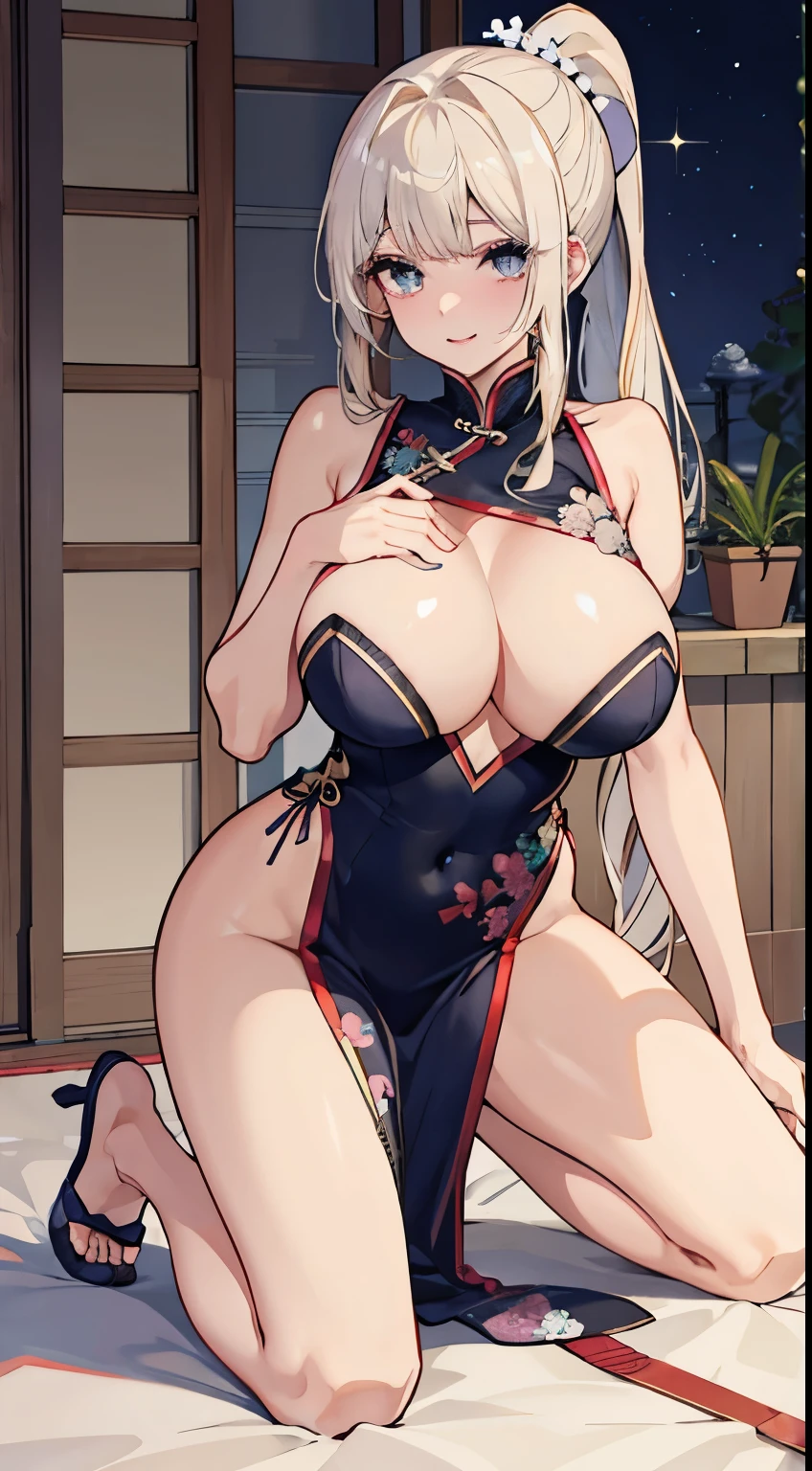 top-quality、realistic touch,high-detail、photoRealstic、thin-waist、captive beauty、big eye、Strong platinum blonde eyelashes、platinum-blond、full body Esbian、Sparkling eyes、Submissive smile、Flushed cheeks、Kamimei、thin-waist、Voluptuous thighs、Enraptured look、Raked bangs、The forehead is protruding、At the front door of the house、pony tail hairstyle、Navel Look、she is in estrus、A pose where you crawl on all fours、sexy chinese dress、cocky expression、huge tit