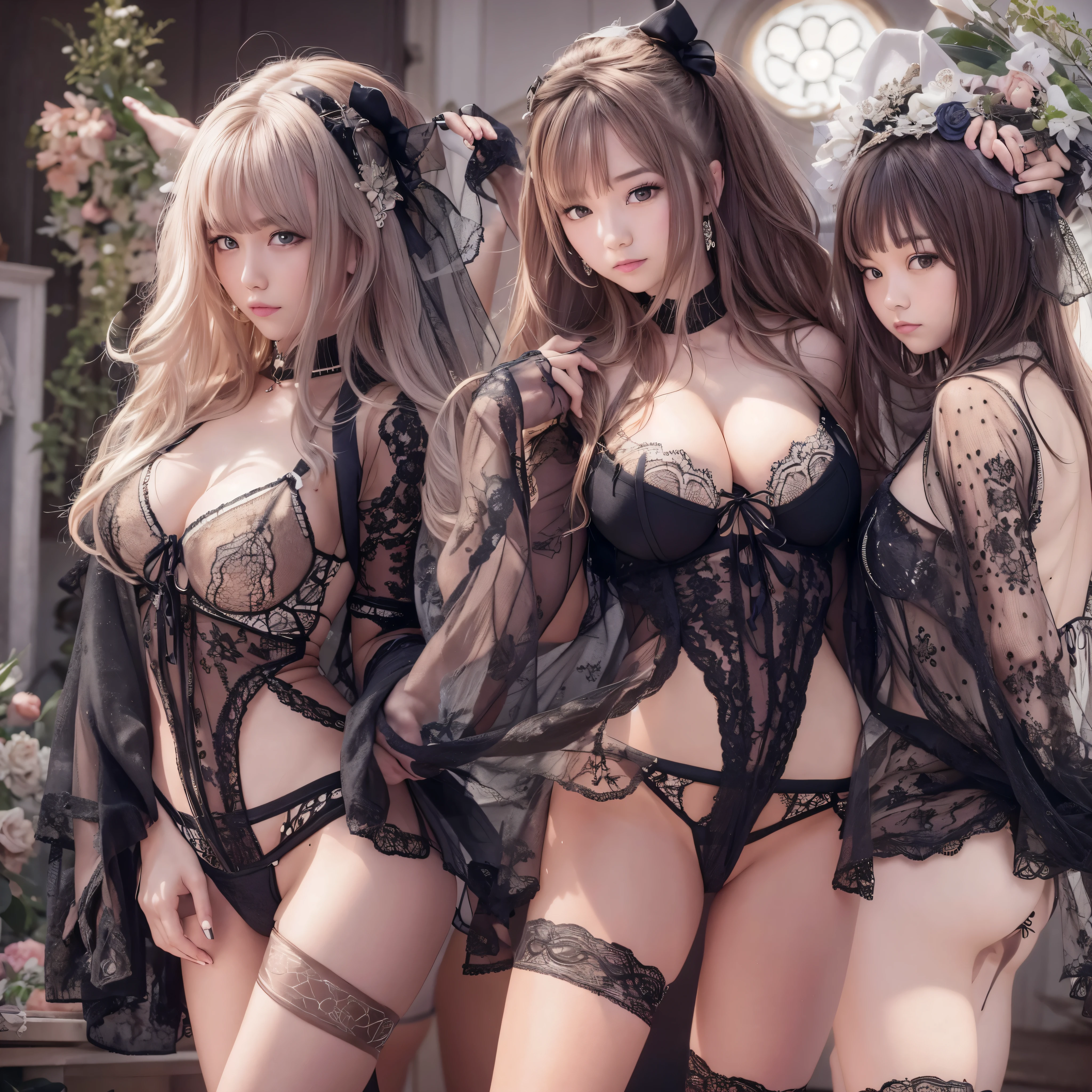 (8K ,Hyper-detailing,Ultra photo realsisim,Best Masterpiece,naturey,Perfect Artwork,Perfect female body),2 cute girls ,came out from the next room,Wear sexy lingerie,Black suspender stockings,Raised sexy,Metamorphosis is exposed ,FULL BODYSHOT