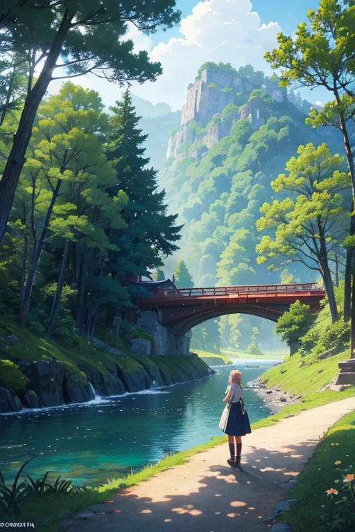 Animated scene of a woman standing on a forest bridge, Anime countryside landscape, beautiful anime scenes, beautiful anime scenery, anime scene, Anime landscapes, Anime background art, Anime beautiful peaceful scene, boromir in an anime world, Today’s recommended anime is still, in the anime film, Scenic backdrop, Anime landscapes概念艺术, Anime landscapes