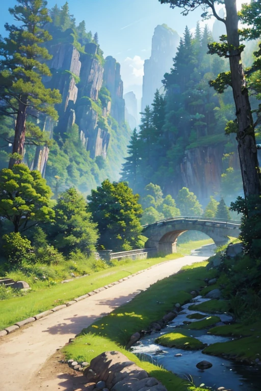 Animated scene of a woman standing on a forest bridge, Anime countryside landscape, beautiful anime scenes, beautiful anime scenery, anime scene, Anime landscapes, Anime background art, Anime beautiful peaceful scene, boromir in an anime world, Today’s recommended anime is still, in the anime film, Scenic backdrop, Anime landscapes概念艺术, Anime landscapes