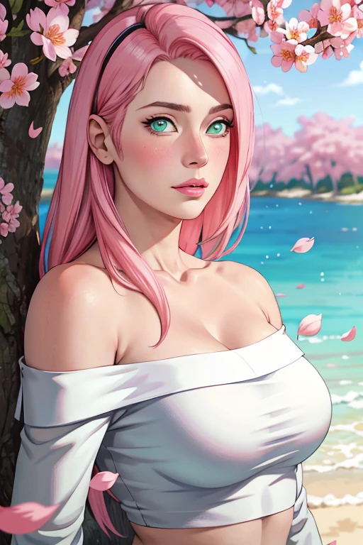 masterpiece, absurdres, sakura\(boruto\), 1girl, solo,mature female, Off-shoulder white knit crop top, looking at viewelling petals), perfect composition, detailed lips, big breast, beautiful face, body propotion, blush, (pink lips), long hair, green eyes, soft gaze, super realistic, detailed, photoshoot, realistic face and body, upper body closeup