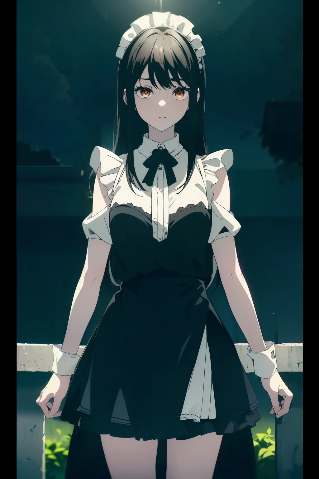 ((((Obra maestra, La mejor calidad, ultrahigh resolution)))), 1girl, standing, ((cute maid costume, embarrassed)), ((long black hair, black hair over eye)), long hair cut, pale skin, ((brown eyes)), glowing_eyes, neon eyes, (ultra detailed eyes:0.7, beautiful and detailed face, detailed eyes:0.9), ((centered)), smile, ((wide shot)), facing viewer, ((vibrant background, bright lighting, summer, sunlight)), flat chested, looking at viewer, ((half closed eyes)), ((perfect hands)), (((head:1, arms, hips in view, elbows, arms, legs, in view))), ((hands behind back)), empty eyes, beautiful lighting, ((outside, outdoors)), defined subject, head tilt, ((beautiful)), ((SFW)), ((cute))