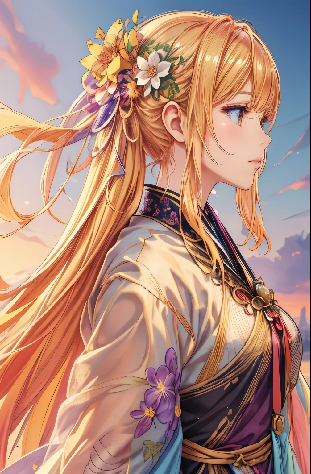 flowers_park, detailed background, 1girl, detailed Colorful clothing, detailed Colorful hair_ornaments, BREAK, golden hair, BREAK, fantasy art, Dreamscape, dreamy, hierarchical form, Gradient of color, Soft color palette, vivid color, detailed manga style, (best quality, masterpiece, Representative work, official art, Professional, unity 8k wallpaper:1.3)