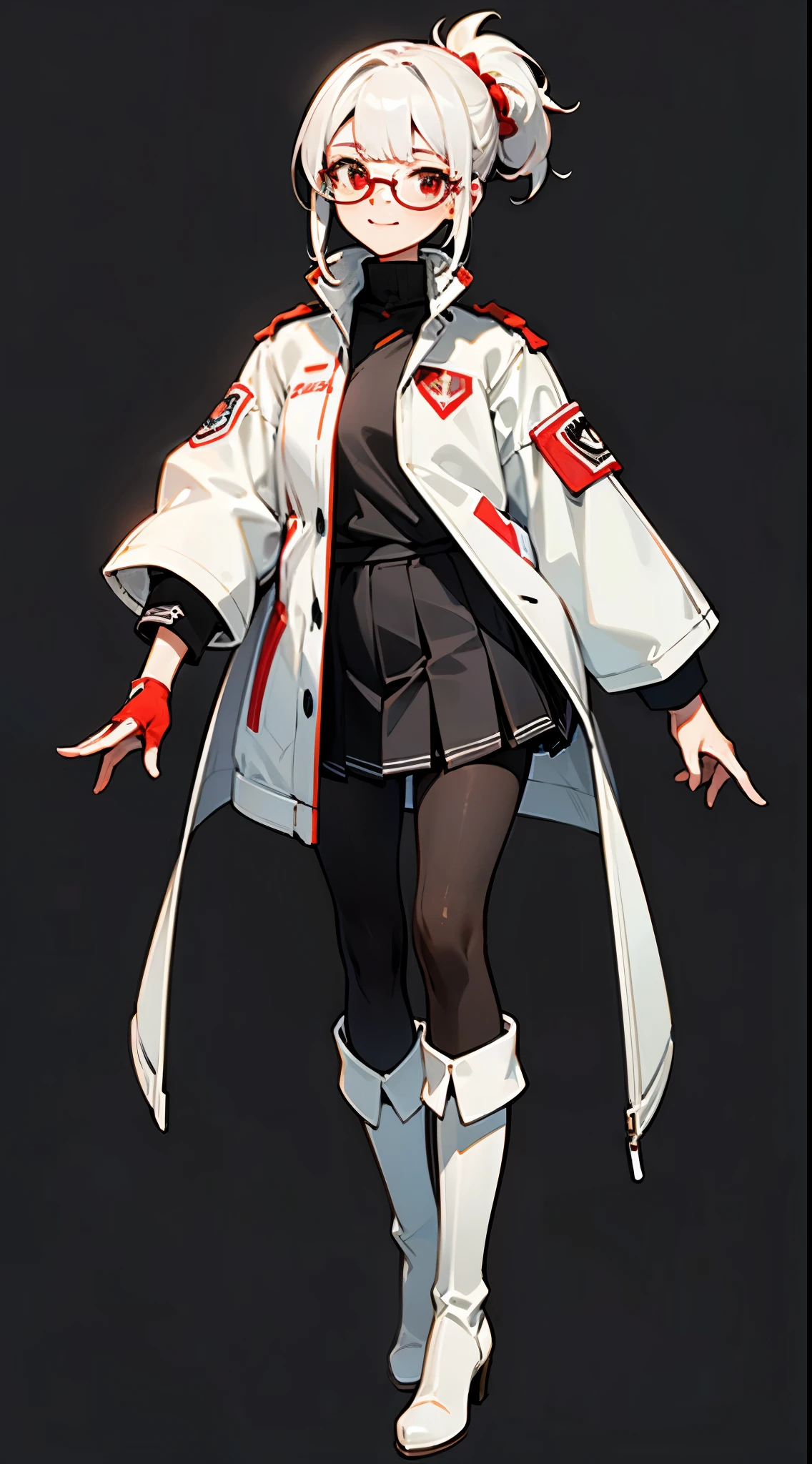 masterpiece, best quality, 8k, ultra detailed, a woman, smiling, (concept art, official art,full body), simple background, ((1) chignon)), white hair, red eyes, asymmetrical bangs, slender, (futuristic uniform), ((black pantyhose)), (((white) long boots)), pleated skirt, white jacket, (red frame) wayfarer glasses, (black) turtleneck, 18years old, cute,