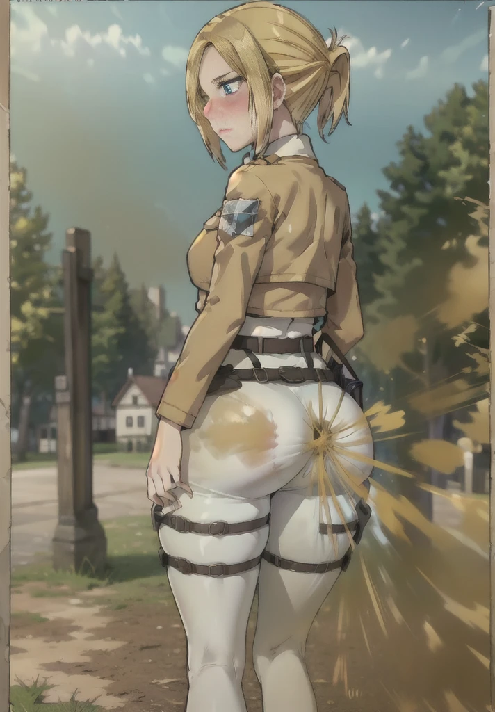 ((annie leonhart)),((velocity)),Attacked by farts, (((Women stand)),shiver,velocity,((classic town)),((One Woman)),((fart while stand),her butt facing screen,fullbody,blue eye,detailed eyes,blushing)),(masterpiece:1.2、top-quality)、(the Extremely Detailed CG Unity 8K Wallpapers、ultra-detailliert、Best Shadows)、(细致背景)、(The best lighting、extremely delicate and beautiful)、depth of fields、1girl in、独奏 ,Women wear scout outfit,Ephemeral,,(blonde),(scout regiment outfit)),((((Girl embarassed when she smells the bad smell of farts)))),outfit like a scout regiment,((((profile facing diagonally)),((massive fart))