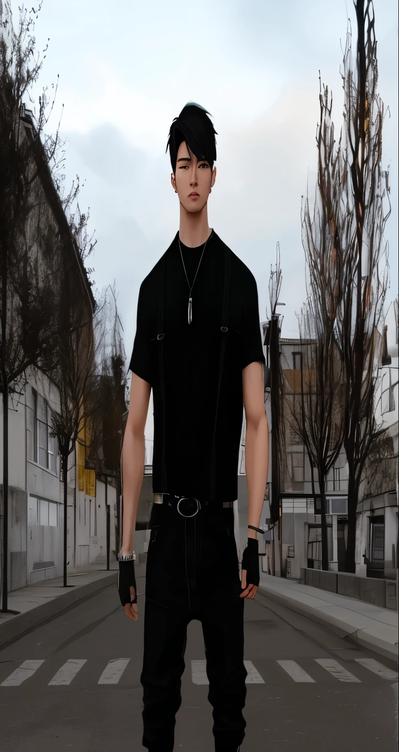 there is a man standing in the middle of a street, second life avatar, standing in the street, inspired by Aleksander Gine, inspired by Gang Se-hwang, standing in a city street, in city street, standing in the streets, he is wearing a black t-shirt, standing in street, standing in a city center, imvu, handsome face,