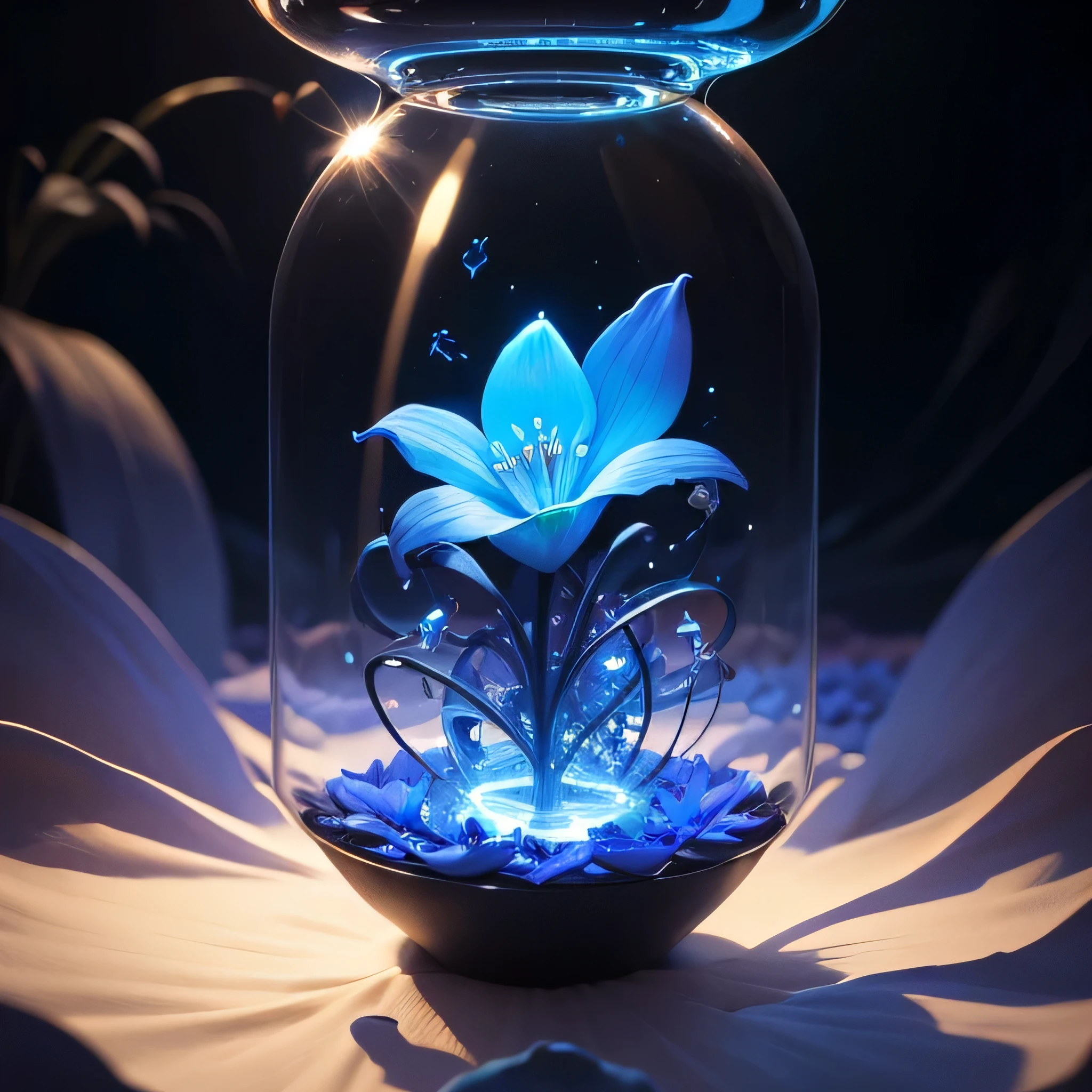Magic world, deepfield of flowers, blue flower inside the hourglass, liquid vortex at bottom, high glowing, lens flares, nature, clouds in background, masterpiece, HDR, keyword "ZENSPIRA",closeup, macro, prospective