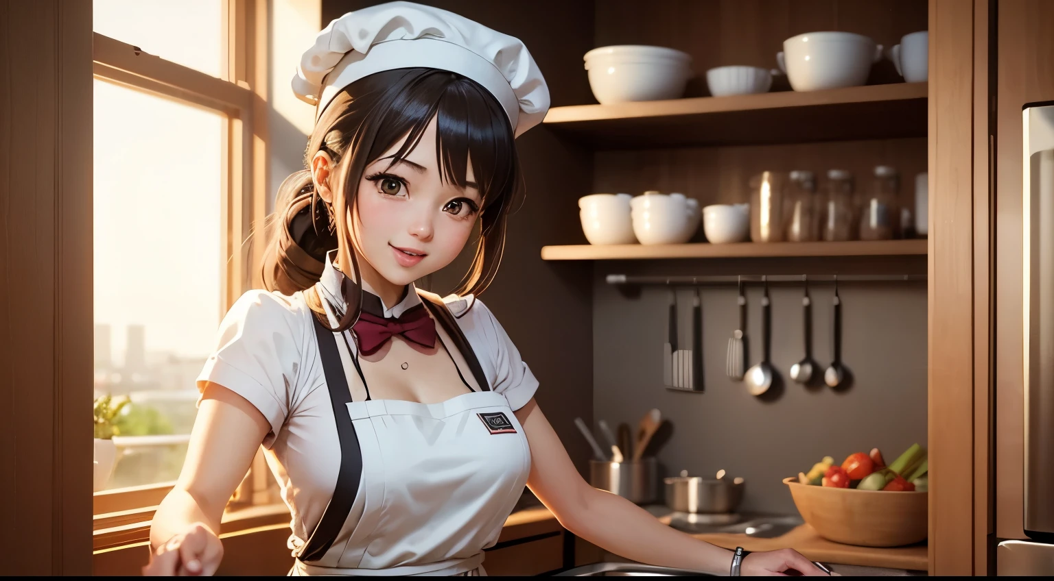 An anime girl as a chef with a cheerful mood, in the style of detailed anime realism, in a kitchen filled with the aroma of delicious dishes and a view of a bustling restaurant.