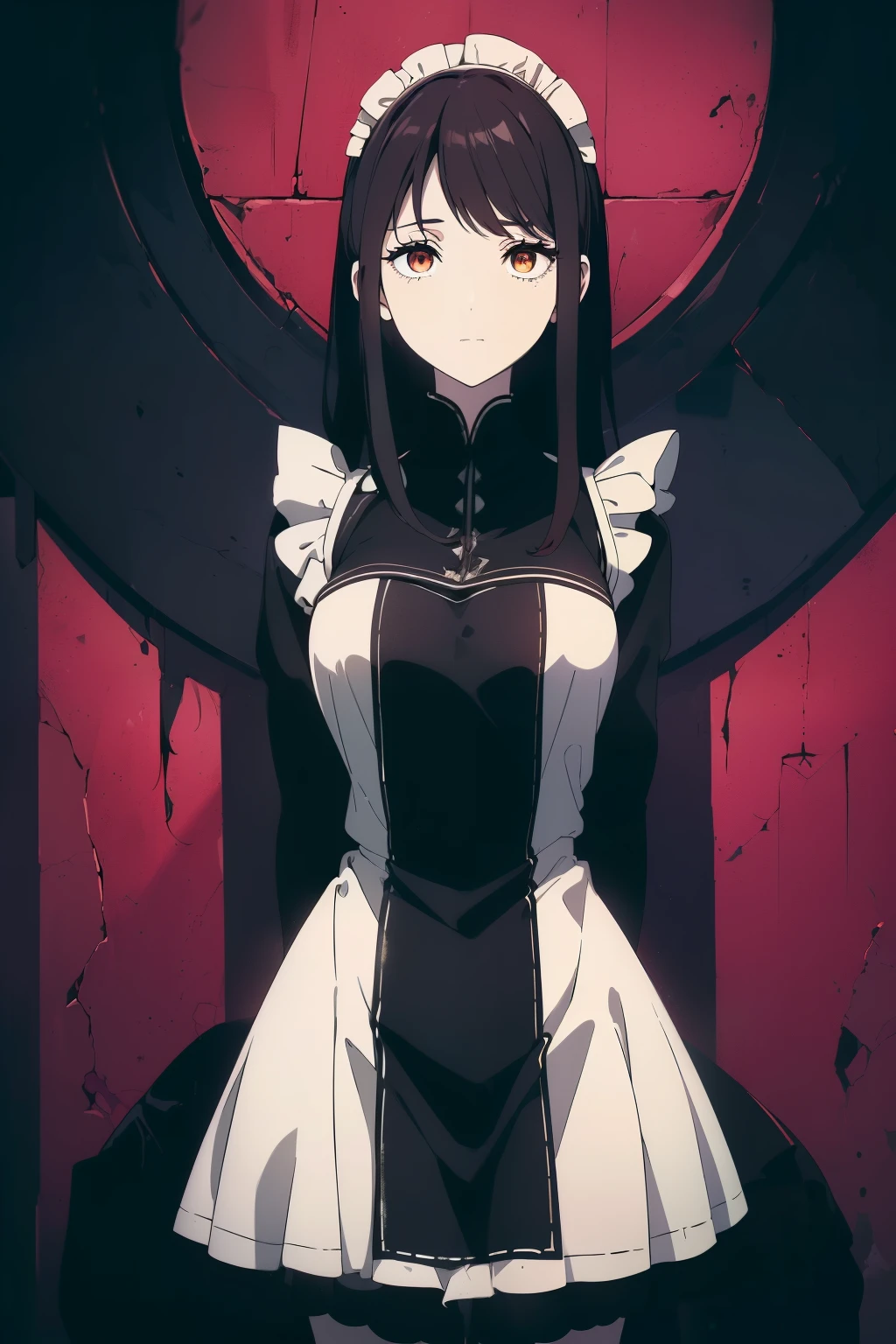 ((((Obra maestra, La mejor calidad, ultrahigh resolution)))), 1girl, standing, ((cute maid costume, embarrassed)), ((long black hair, black hair over eye)), long hair cut, pale skin, ((brown eyes)), glowing_eyes, neon eyes, (ultra detailed eyes:0.7, beautiful and detailed face, detailed eyes:0.9), ((centered)), smile, ((wide shot)), facing viewer, ((vibrant background, bright lighting, summer, sunlight)), flat chested, looking at viewer, ((half closed eyes)), ((perfect hands)), (((head:1, arms, hips in view, elbows, arms, legs, in view))), ((hands behind back)), empty eyes, beautiful lighting, ((outside, outdoors)), defined subject, head tilt, ((beautiful)), ((SFW)), ((cute))