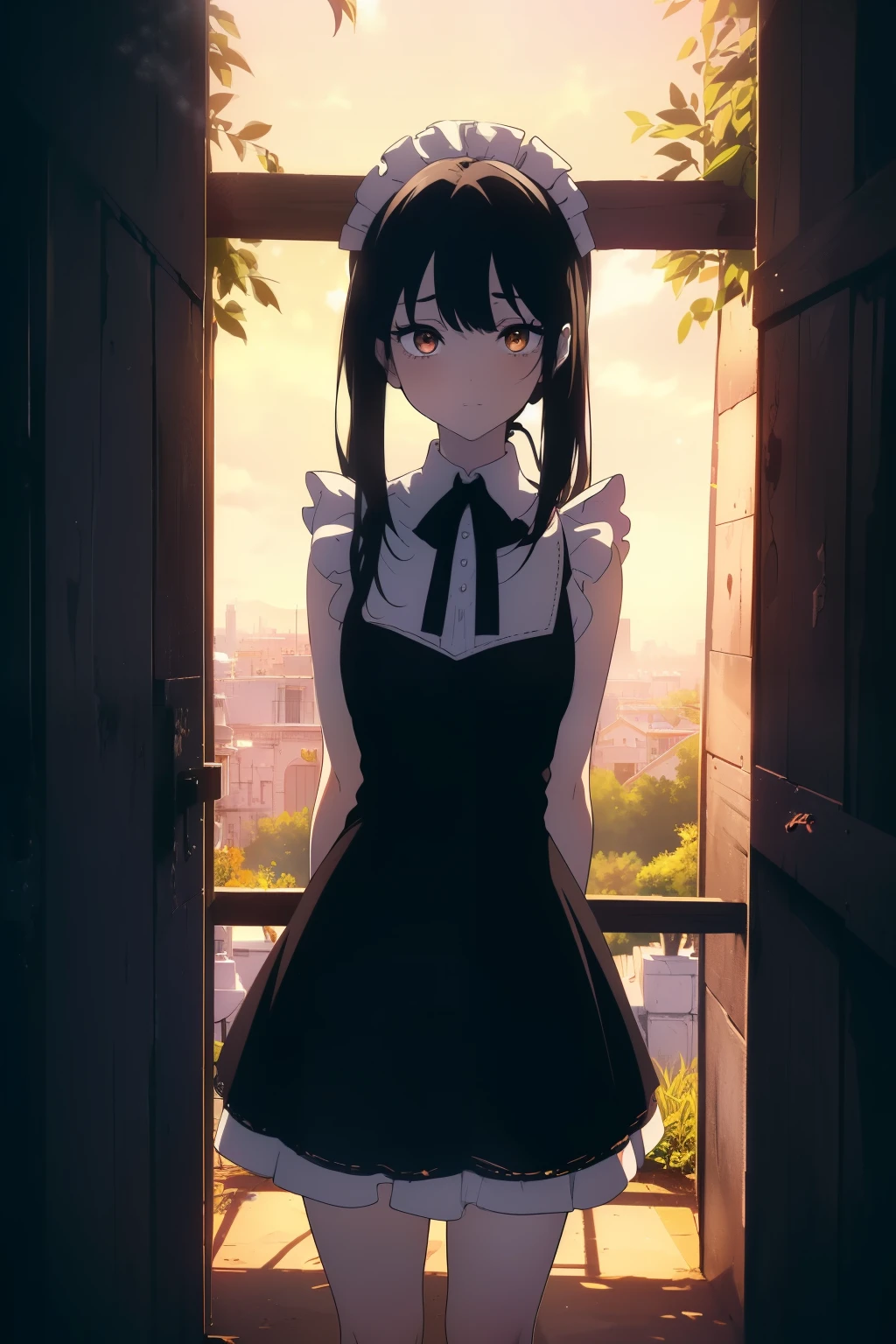 ((((Obra maestra, La mejor calidad, ultrahigh resolution)))), 1girl, standing, ((cute maid costume, blushing, shining)), ((long black hair, black hair over eye)), long hair cut, pale skin, ((brown eyes)), glowing_eyes, neon eyes, (ultra detailed eyes:0.7, beautiful and detailed face, detailed eyes:0.9), ((centered)), smile, ((wide shot)), facing viewer, ((vibrant background, bright lighting, summer, sunlight)), flat chested, looking at viewer, ((half closed eyes)), ((perfect hands)), (((head:1, arms, hips in view, elbows, arms, legs, in view))), ((hands behind back)), beautiful lighting, ((outside, outdoors)), defined subject, (head tilt), ((beautiful)), ((SFW)), ((cute))